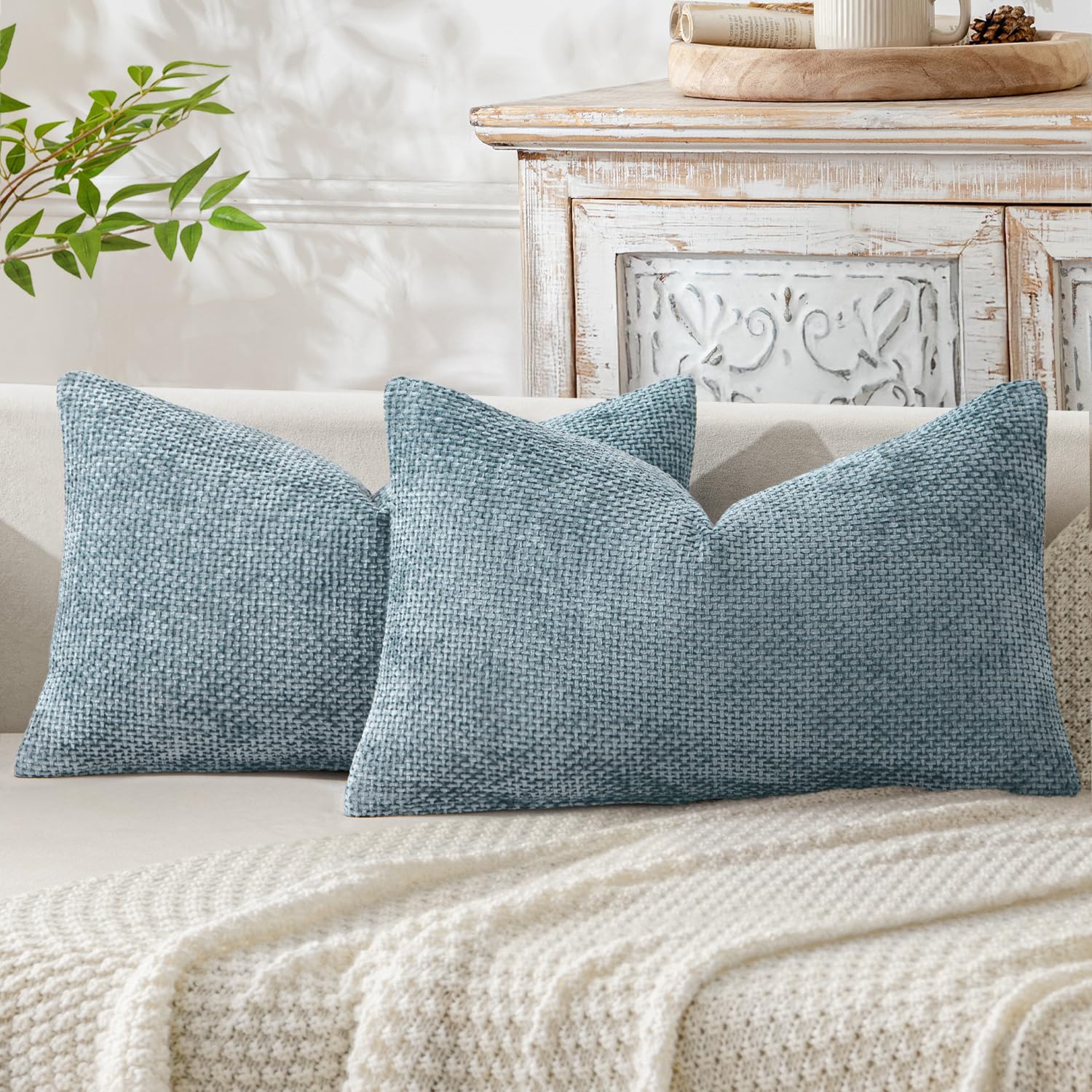 MIULEE Pack of 2 Couch Throw Pillow Covers 18x18 Inch Neutral Beige Modern Boho Accent Decorative Pillow Covers Soft Chenille Farmhouse Cushion Covers for Home Decor Bed Sofa Living Room