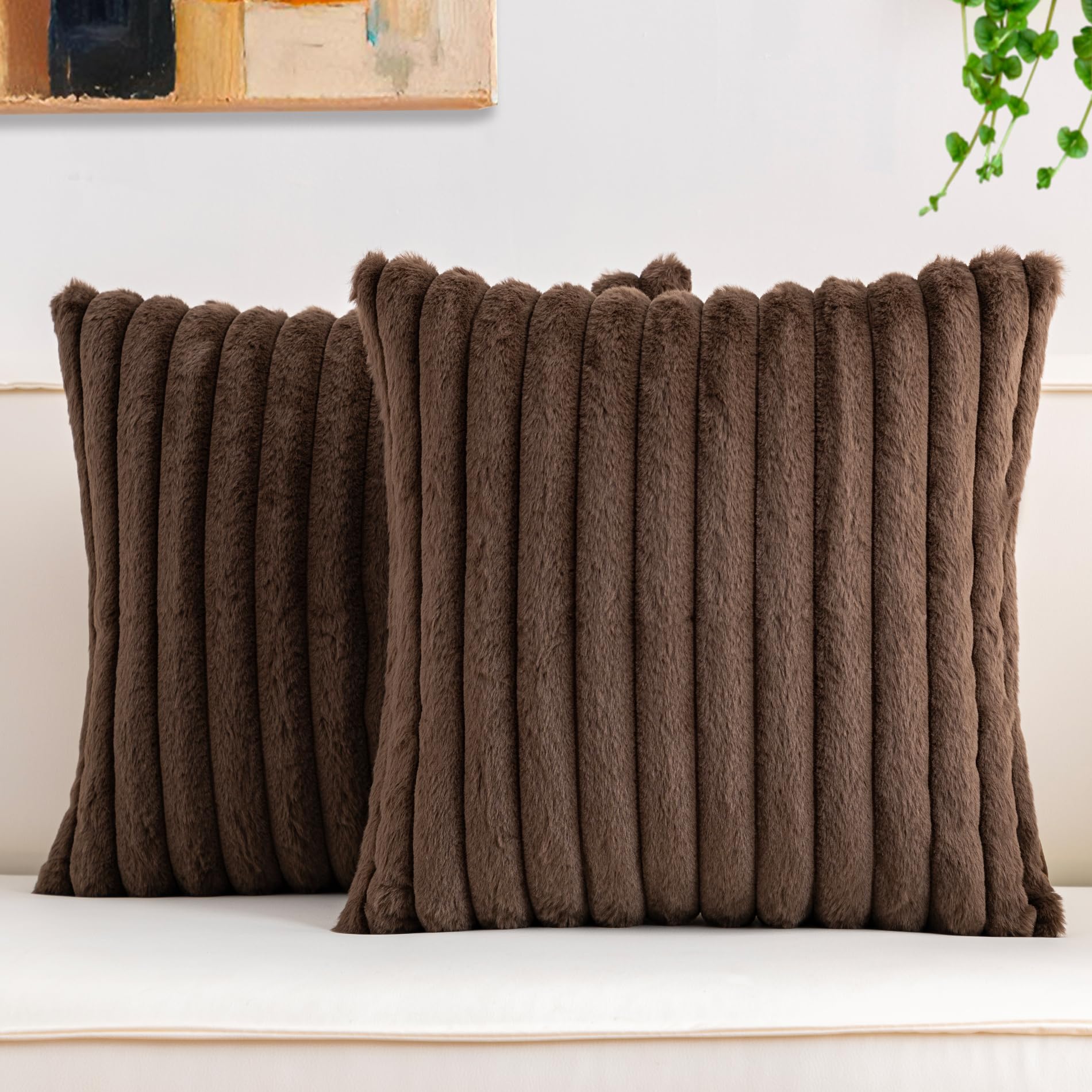 Aegero Pack of 2 Faux Fur Christmas Throw Pillow Covers 18x18 Inch, Soft Plush Striped Neutral Couch Pillow Cover, with Velvet Back Modern Home Decor for Sofa Living Room Couch Bed Cream White