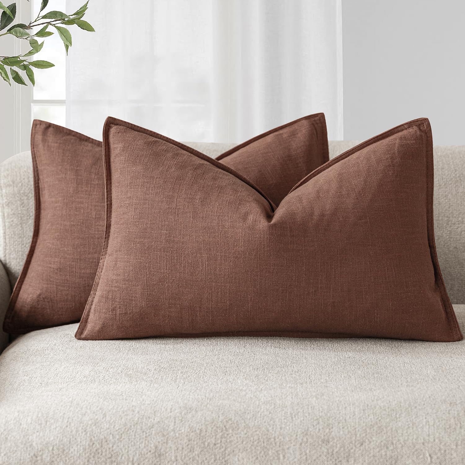 Foindtower Set of 2, Decorative Linen Soild Throw Pillow Covers Soft Accent Cushion Euro Case Boho Farmhouse Pillowcase for Chair Couch Sofa Bedroom Living Room Home Decor 20 x 20 Inch Natural Linen