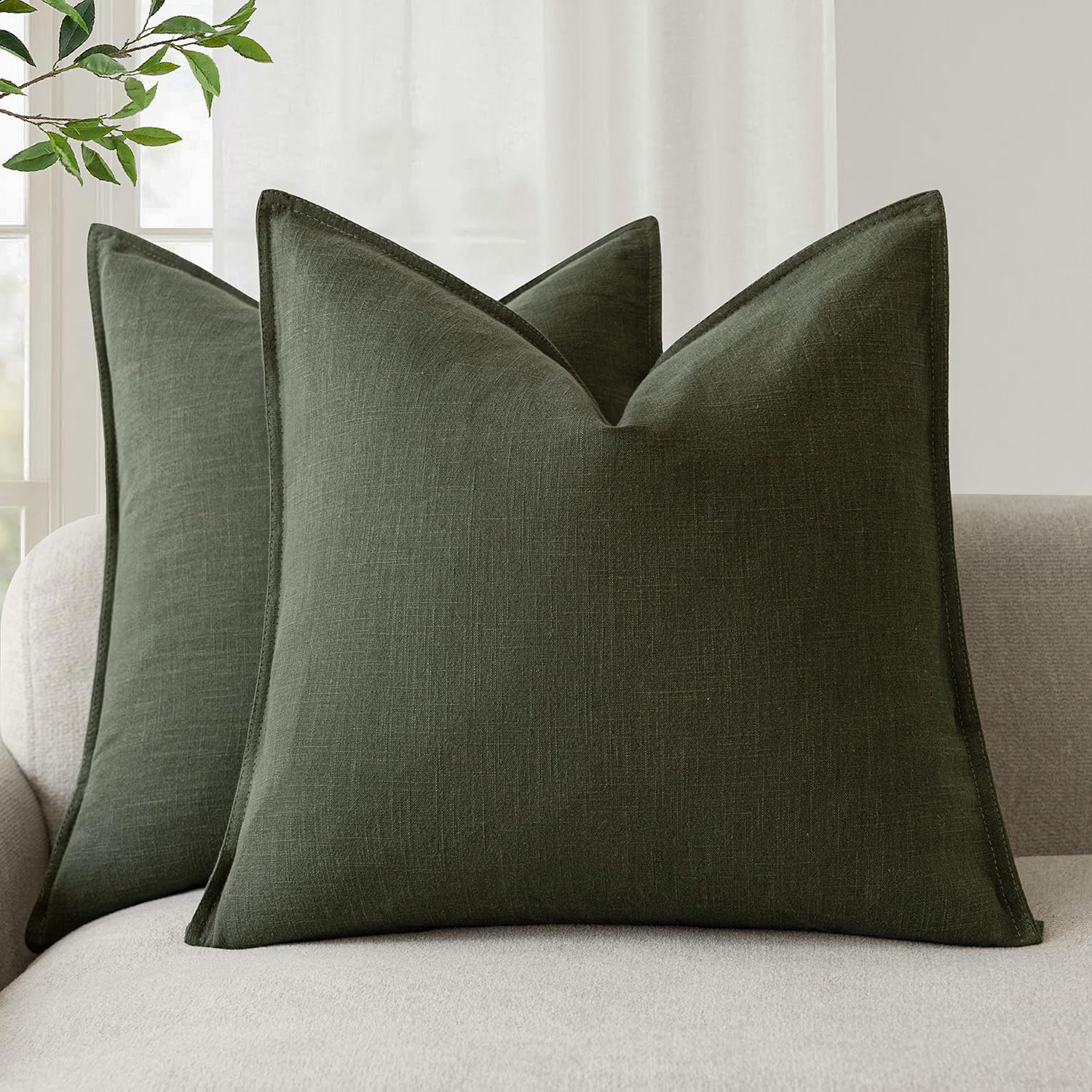 Foindtower Set of 2, Decorative Linen Soild Throw Pillow Covers Soft Accent Cushion Euro Case Boho Farmhouse Pillowcase for Chair Couch Sofa Bedroom Living Room Home Decor 20 x 20 Inch Natural Linen