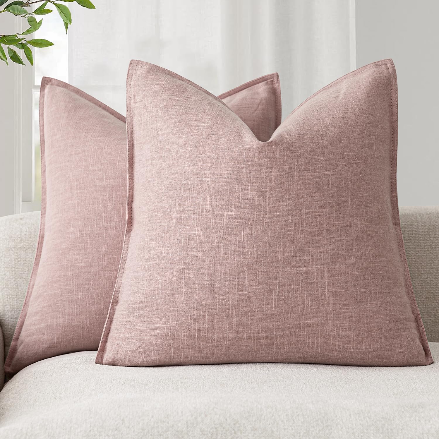 Foindtower Set of 2, Decorative Linen Soild Throw Pillow Covers Soft Accent Cushion Euro Case Boho Farmhouse Pillowcase for Chair Couch Sofa Bedroom Living Room Home Decor 20 x 20 Inch Natural Linen
