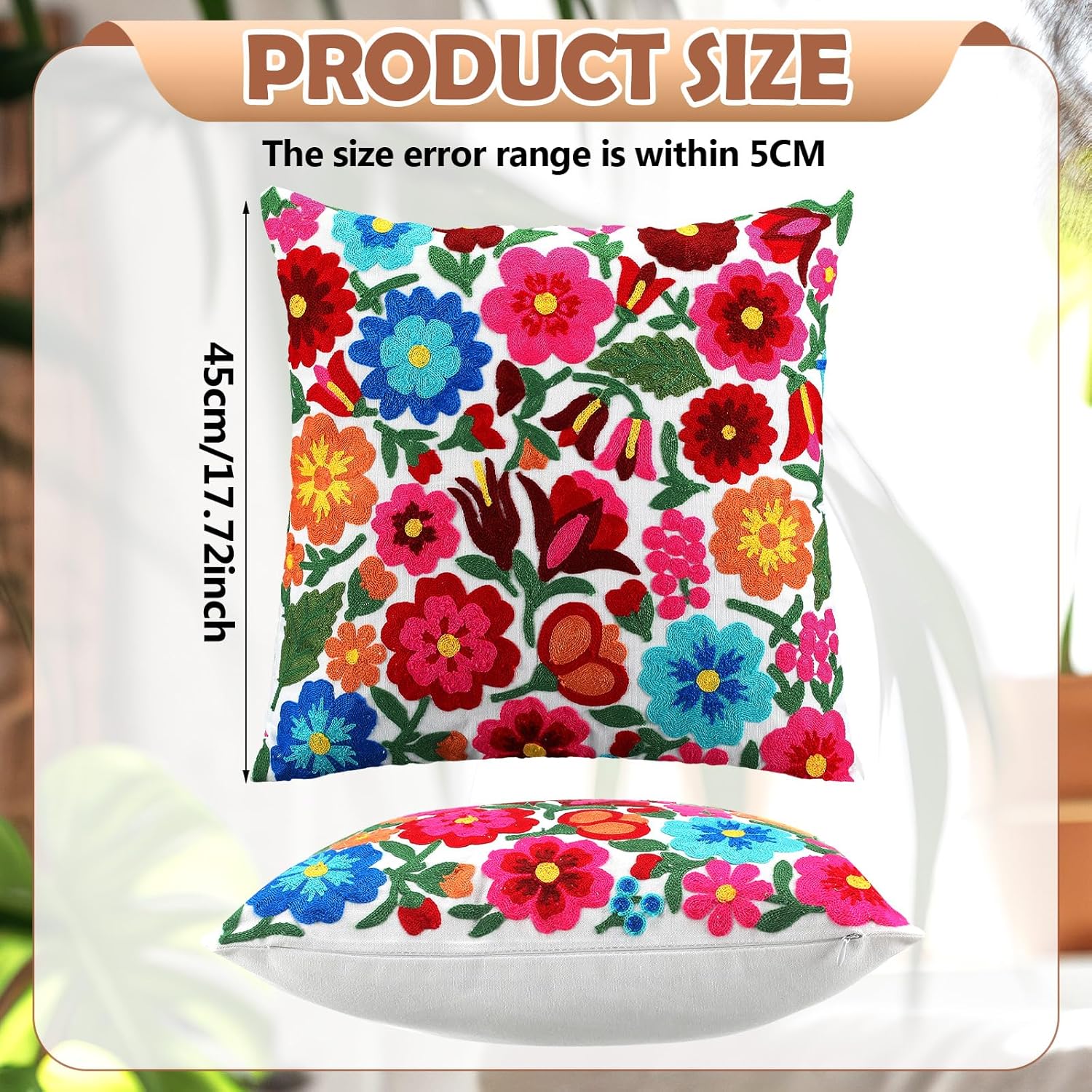 HunnmingRe Mexican Embroidered Throw Pillow with Insert 18 x 18 Inch Mexican Boho Embroidered Pillow Cover Decorative Fiesta Colorful Floral Cushion Decor for Sofa Living Room Couch Bedroom(White)
