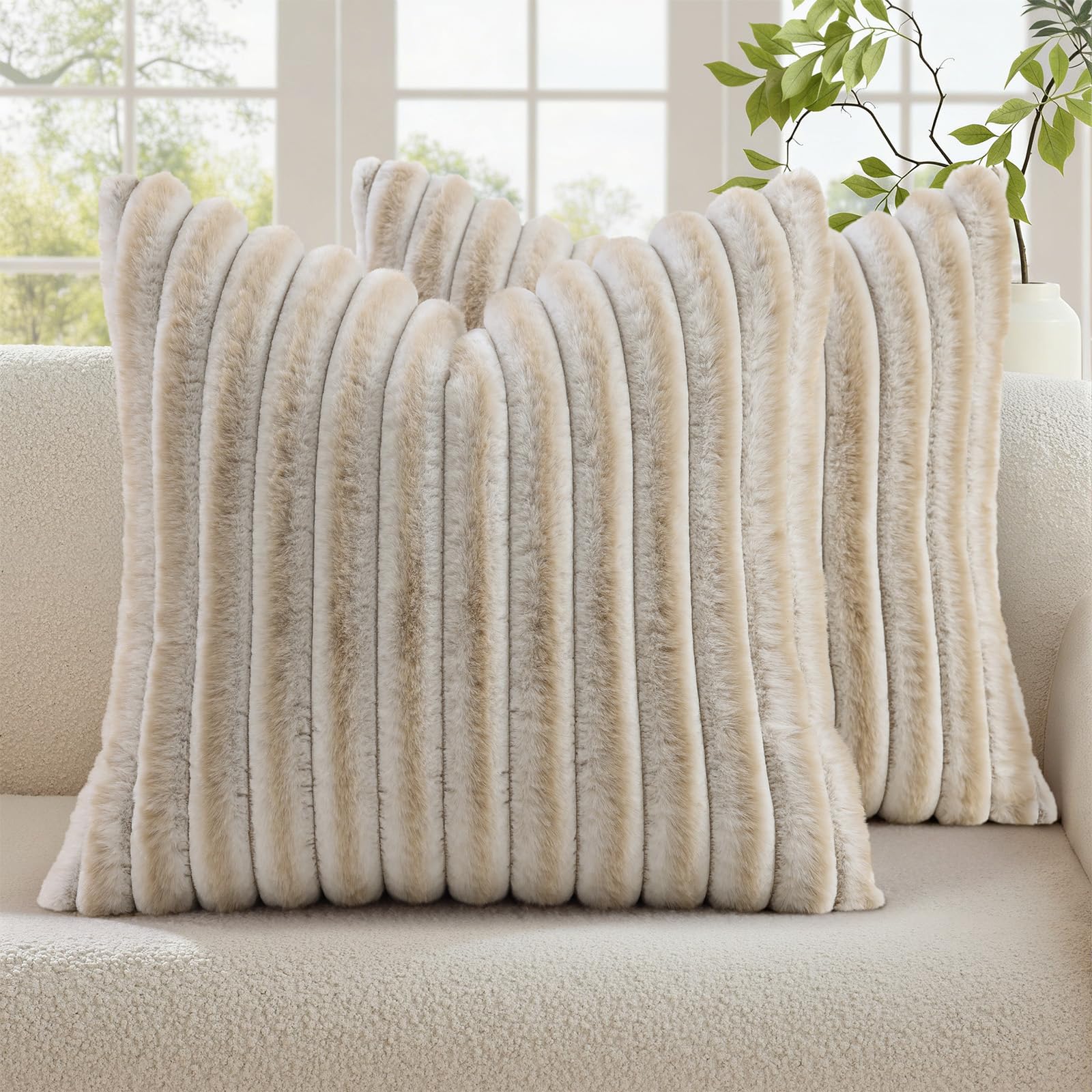 decorUhome Summer Cozy Faux Fur Throw Pillow Covers 18x18 Set of 2 Decorative Soft Plush Striped Modern Farmhouse Boho Couch Pillow Cases with Velvet Back for Sofa Bed Living Room, Cream White