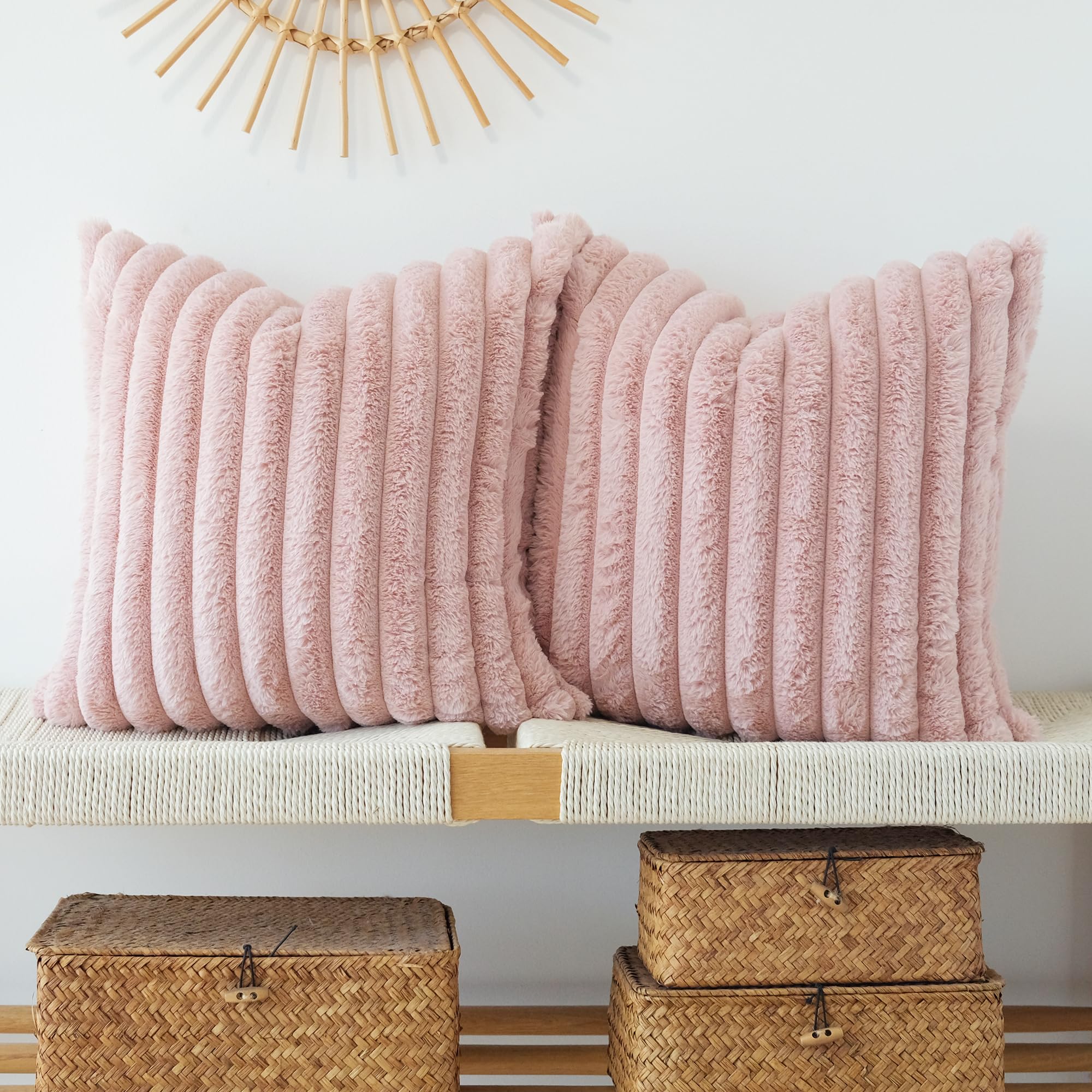 JOJUSIS Pack of 2 Faux Fur Plush Decorative Throw Pillow Covers Couch Cushion Case Soft Pillowcases (Beige, 18 x 18 Inch)