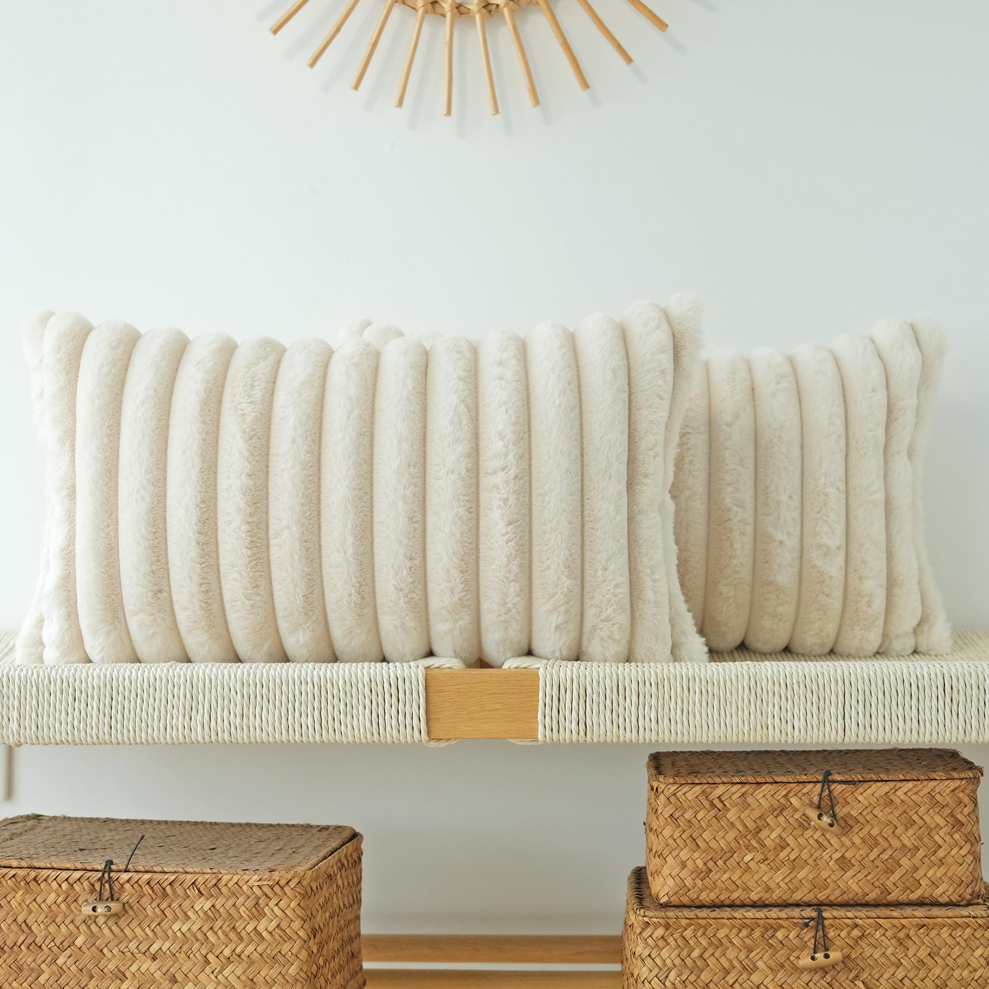 JOJUSIS Pack of 2 Faux Fur Plush Decorative Throw Pillow Covers Couch Cushion Case Soft Pillowcases (Beige, 18 x 18 Inch)