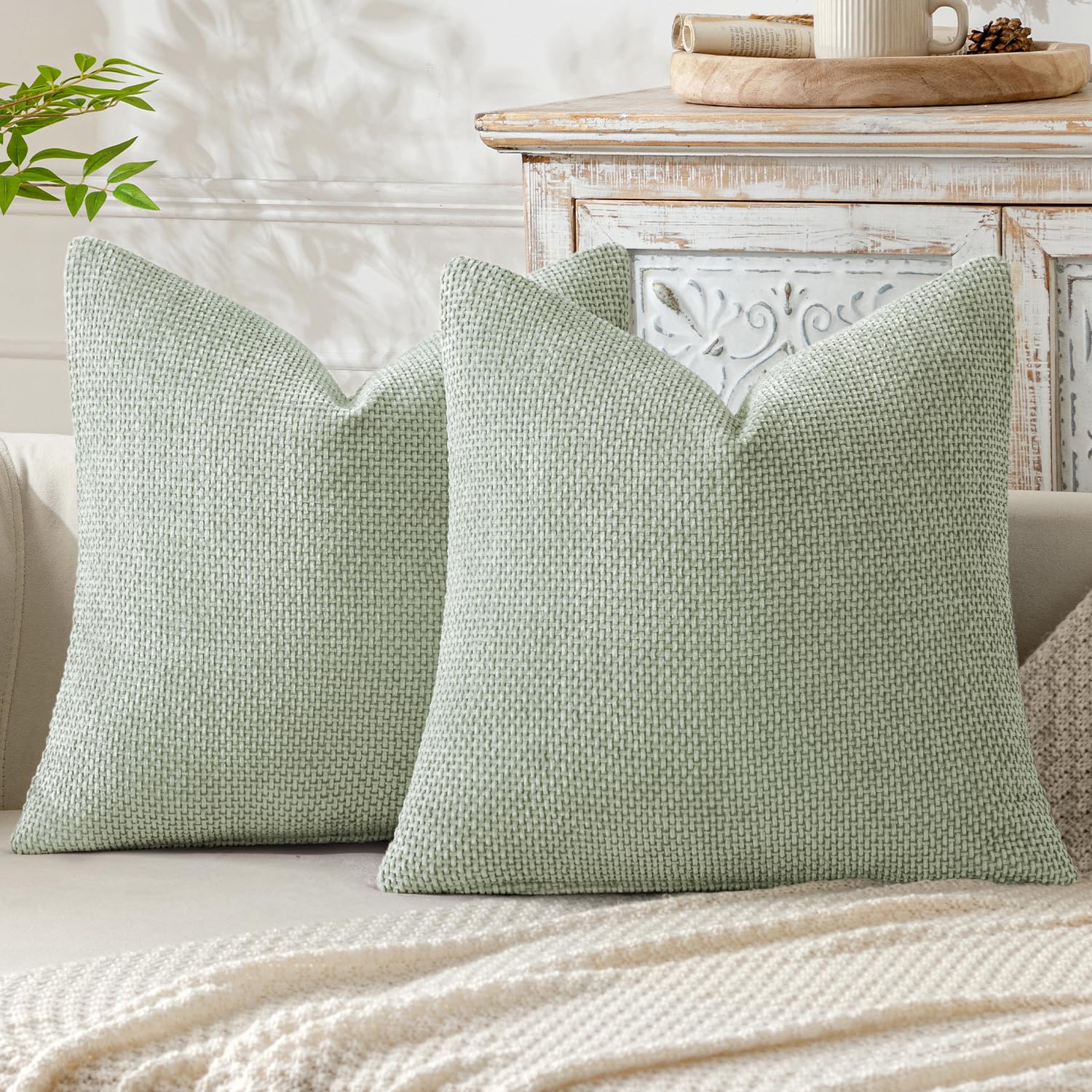 MIULEE Pack of 2 Couch Throw Pillow Covers 18x18 Inch Neutral Beige Modern Boho Accent Decorative Pillow Covers Soft Chenille Farmhouse Cushion Covers for Home Decor Bed Sofa Living Room