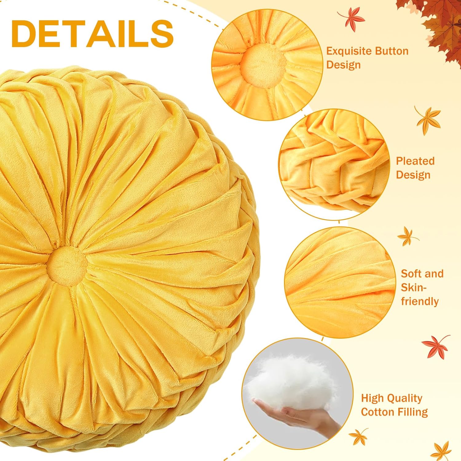 Beeveer 4 Pcs Round Throw Pillows 15 Inch Decorative Velvet Pleated Pumpkin Pillows Boho Floor Pillow with Center Button for Living Room Couch Chair Bed Sofa Home Decoration (Yellow)