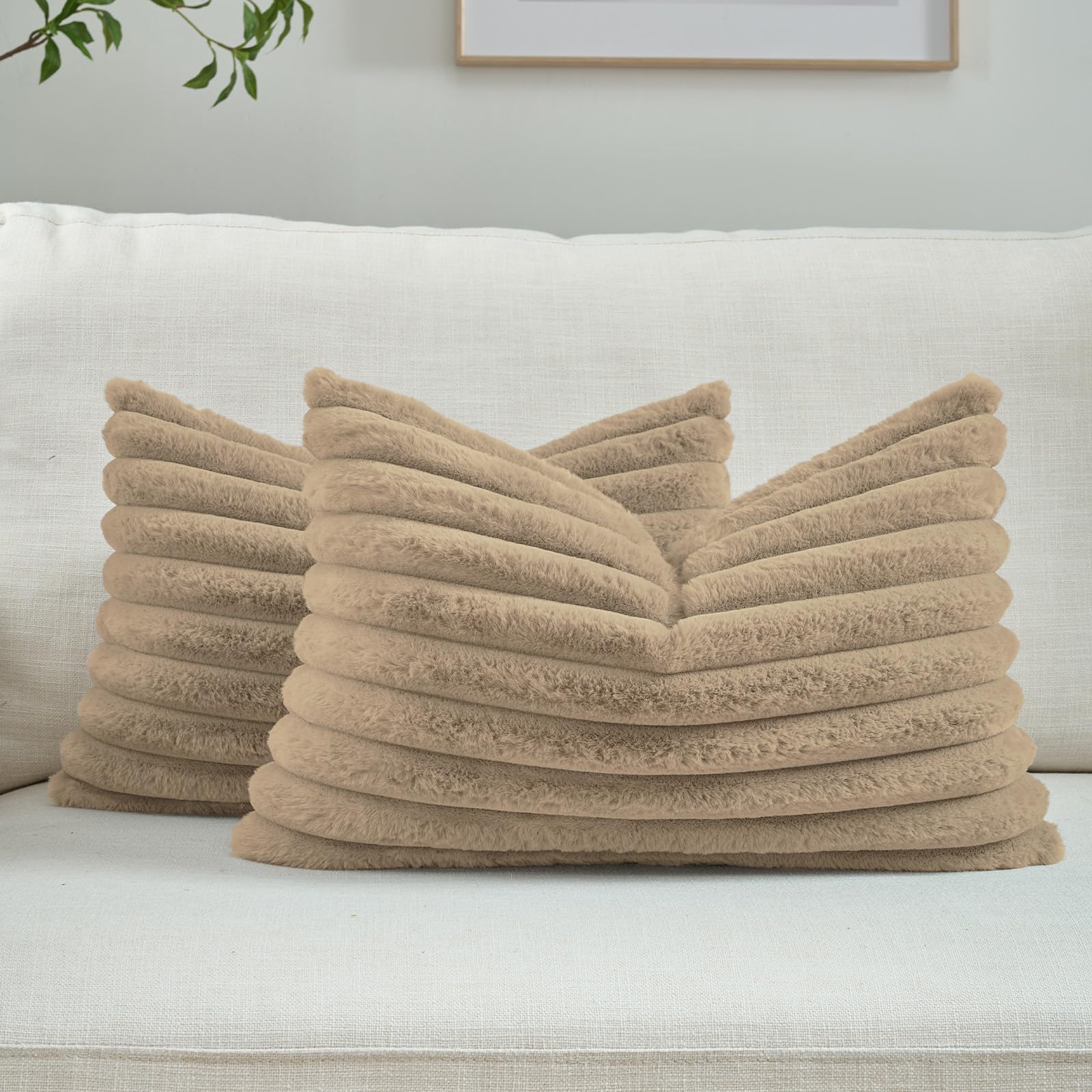 FUTEI Pack of 2 Solid Faux Fur Plush Throw Pillow Covers 18x18 Inch Soft Fluffy Striped Decorative Cushion Cases Modern Farmhouse Accent for Couch Bed Living Room, Cream White