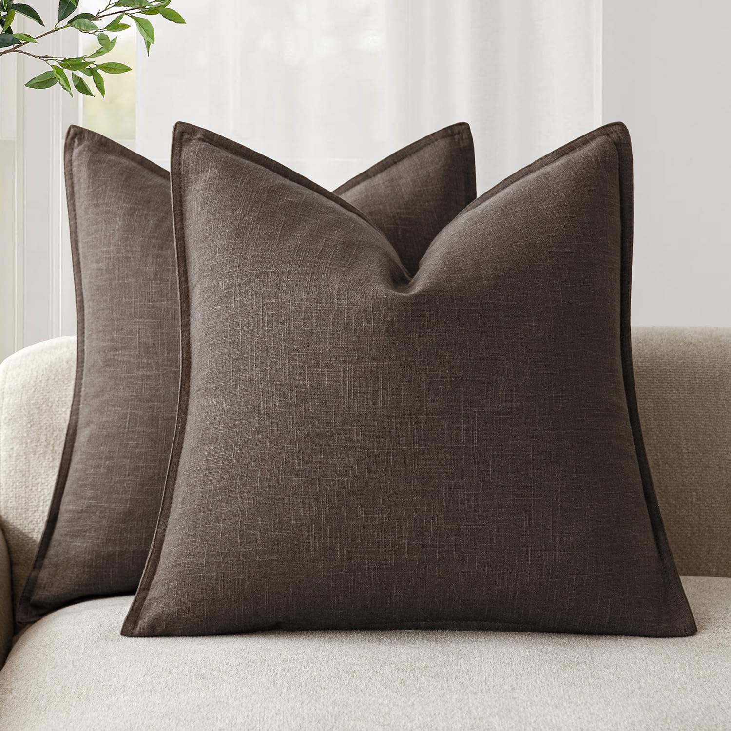 Foindtower Set of 2, Decorative Linen Soild Throw Pillow Covers Soft Accent Cushion Euro Case Boho Farmhouse Pillowcase for Chair Couch Sofa Bedroom Living Room Home Decor 20 x 20 Inch Natural Linen