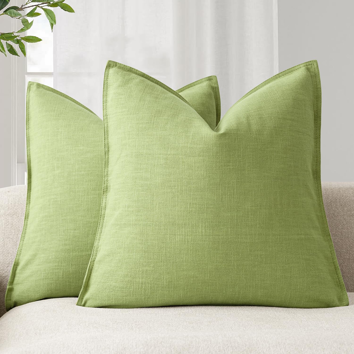 Foindtower Set of 2, Decorative Linen Soild Throw Pillow Covers Soft Accent Cushion Euro Case Boho Farmhouse Pillowcase for Chair Couch Sofa Bedroom Living Room Home Decor 20 x 20 Inch Natural Linen