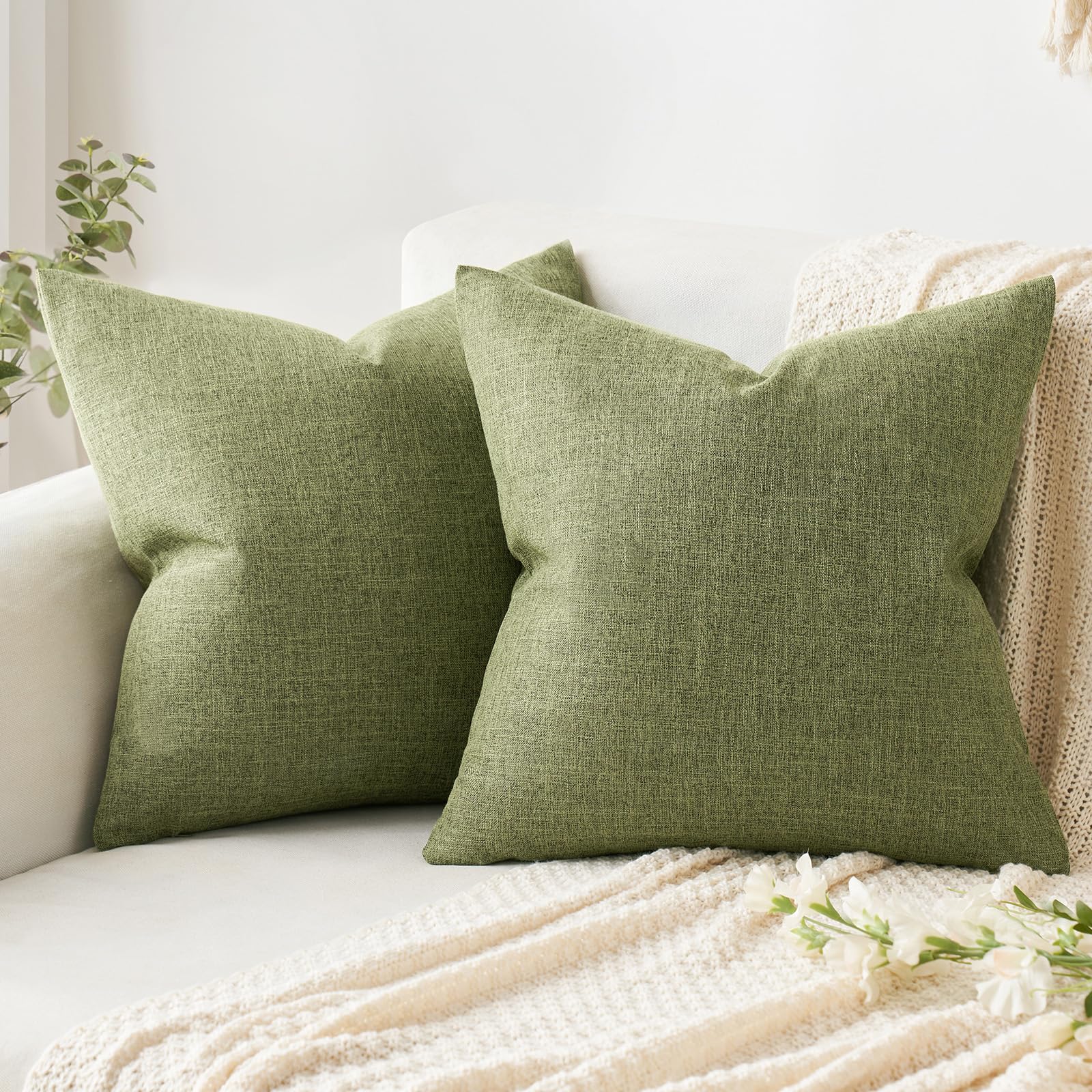 MIULEE Pack of 2 Decorative Linen Burlap Pillow Covers Spring Farmhouse Boho Accent Pillowcases for Sofa Car Couch Bedroom Living Room Decor 18x18 Inch Dark Olive Green