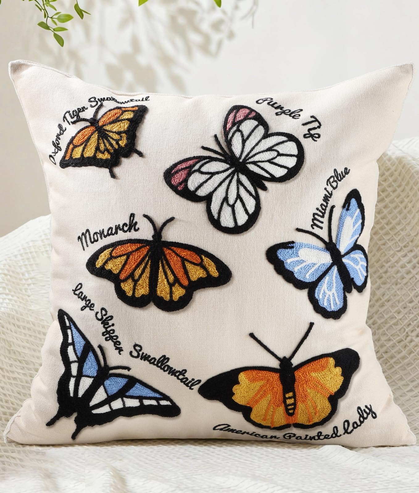 Embroidered Throw Pillow Cover 18x18 Inch - Spring Boho Decorative Pillow Covers with Zipper for Couch Sofa Bedroom Living Room Cushion Pillowcase, Birds Leaves