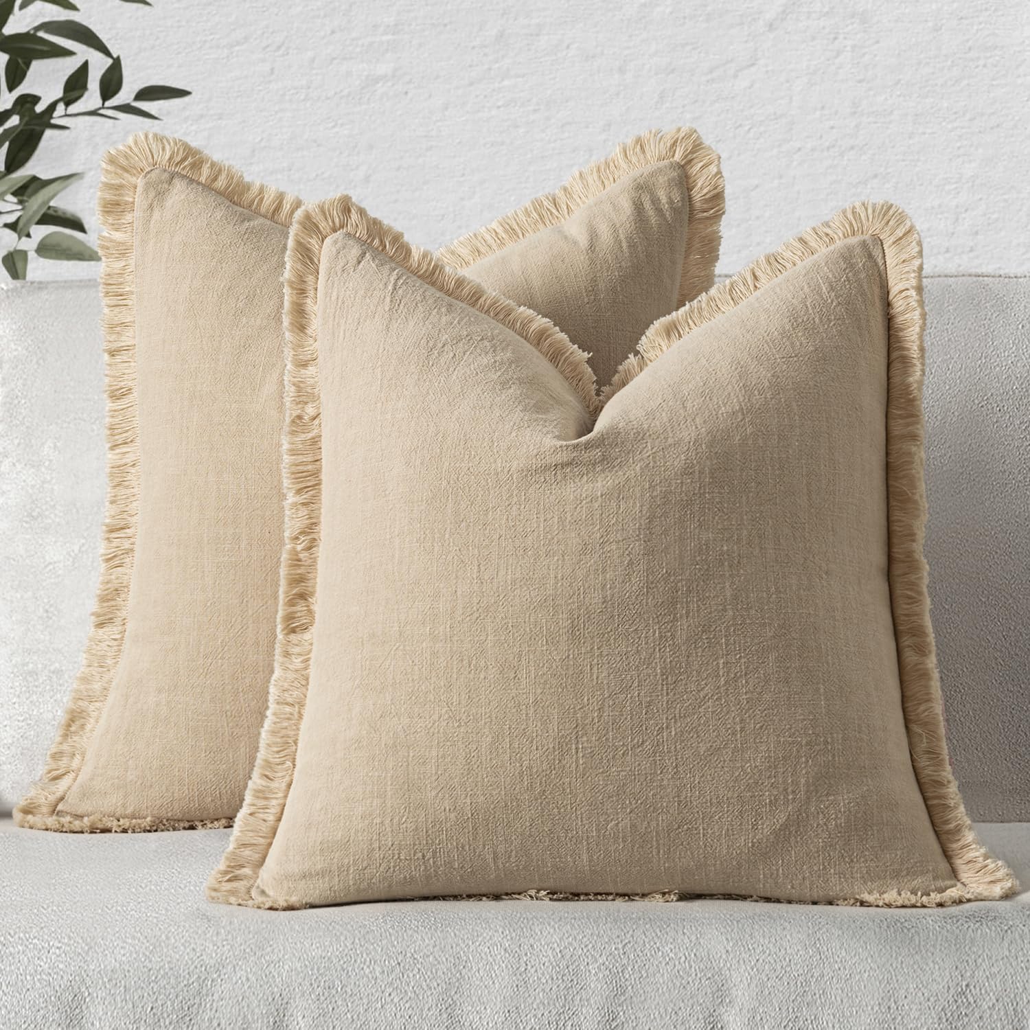MIULEE Decorative Throw Pillow Covers Neutral Linen Fringe Throw Pillows Set of 2 Natural Beige Boho Farmhouse Cushion Covers with Tassels for Couch Sofa Bed Spring Home Decor 20x20 Inch