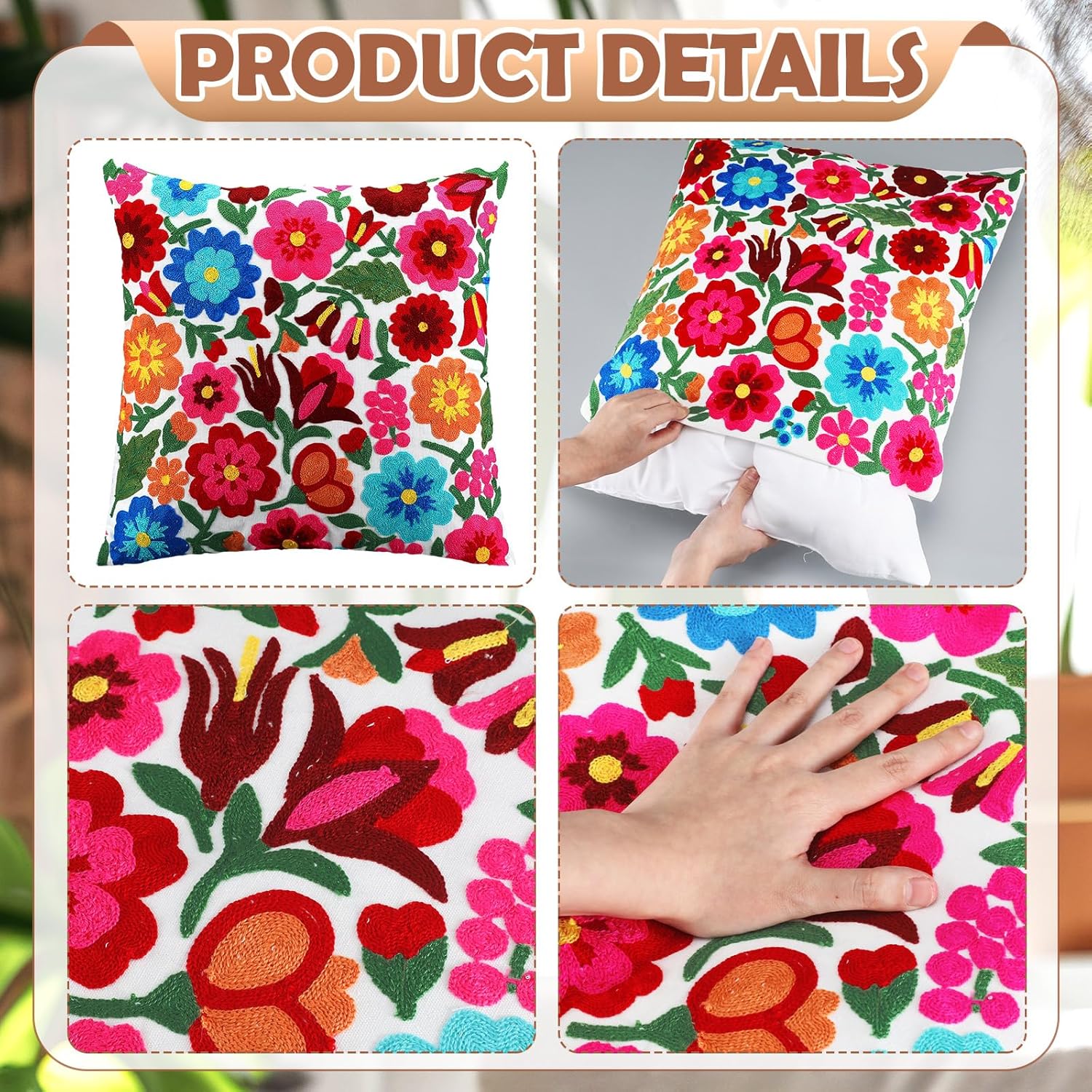 HunnmingRe Mexican Embroidered Throw Pillow with Insert 18 x 18 Inch Mexican Boho Embroidered Pillow Cover Decorative Fiesta Colorful Floral Cushion Decor for Sofa Living Room Couch Bedroom(White)