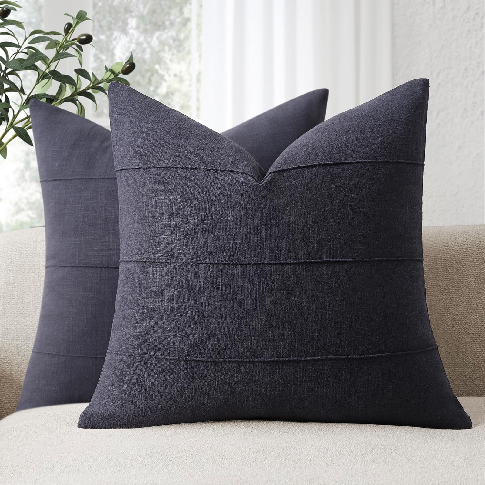 Decorative Linen Throw Pillow Covers 22x22 Set of 2 Solid handcrafted Striped Cushion Covers for Bed Soft Modern Farmhouse Neutral Pillowcase for Couch Bedroom Living Room Home Decor(Cream White)