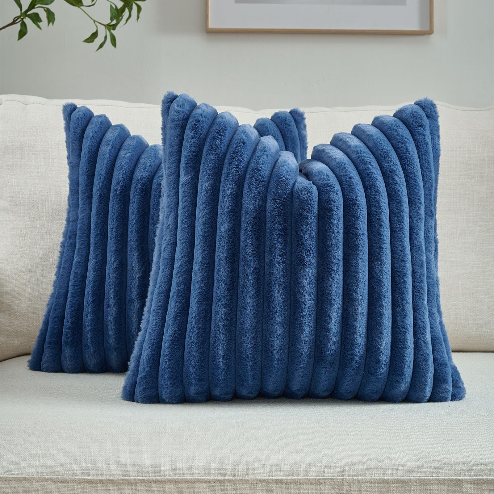 FUTEI Pack of 2 Solid Faux Fur Plush Throw Pillow Covers 18x18 Inch Soft Fluffy Striped Decorative Cushion Cases Modern Farmhouse Accent for Couch Bed Living Room, Cream White