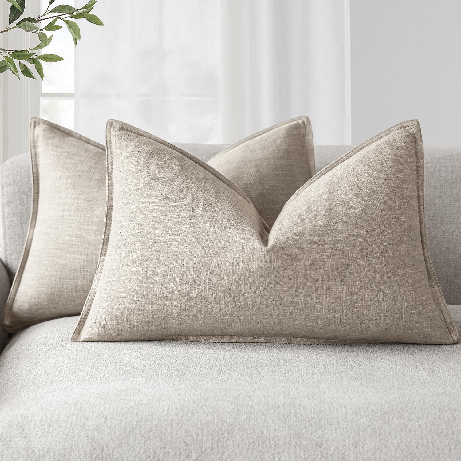 Foindtower Set of 2, Decorative Linen Soild Throw Pillow Covers Soft Accent Cushion Euro Case Boho Farmhouse Pillowcase for Chair Couch Sofa Bedroom Living Room Home Decor 20 x 20 Inch Natural Linen