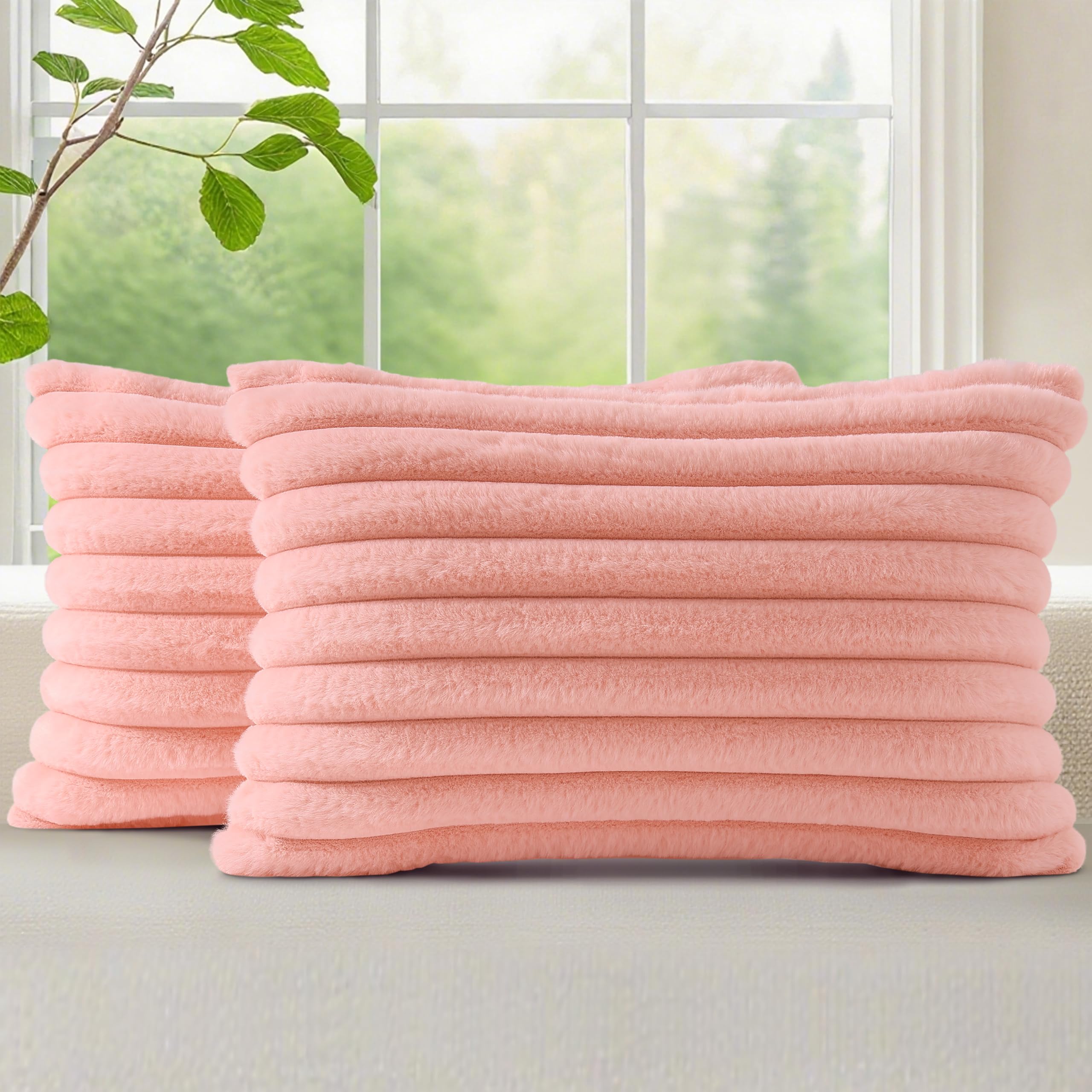 decorUhome Cozy Faux Fur Throw Pillow Covers 18x18 Set of 2 Decorative Soft Plush Striped Modern Farmhouse Boho Couch Pillow Cases with Velvet Back for Sofa Bed Living Room, Khaki Brown