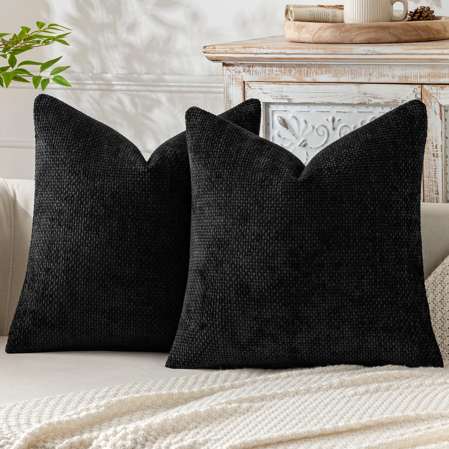 MIULEE Pack of 2 Couch Throw Pillow Covers 18x18 Inch Neutral Beige Modern Boho Accent Decorative Pillow Covers Soft Chenille Farmhouse Cushion Covers for Home Decor Bed Sofa Living Room