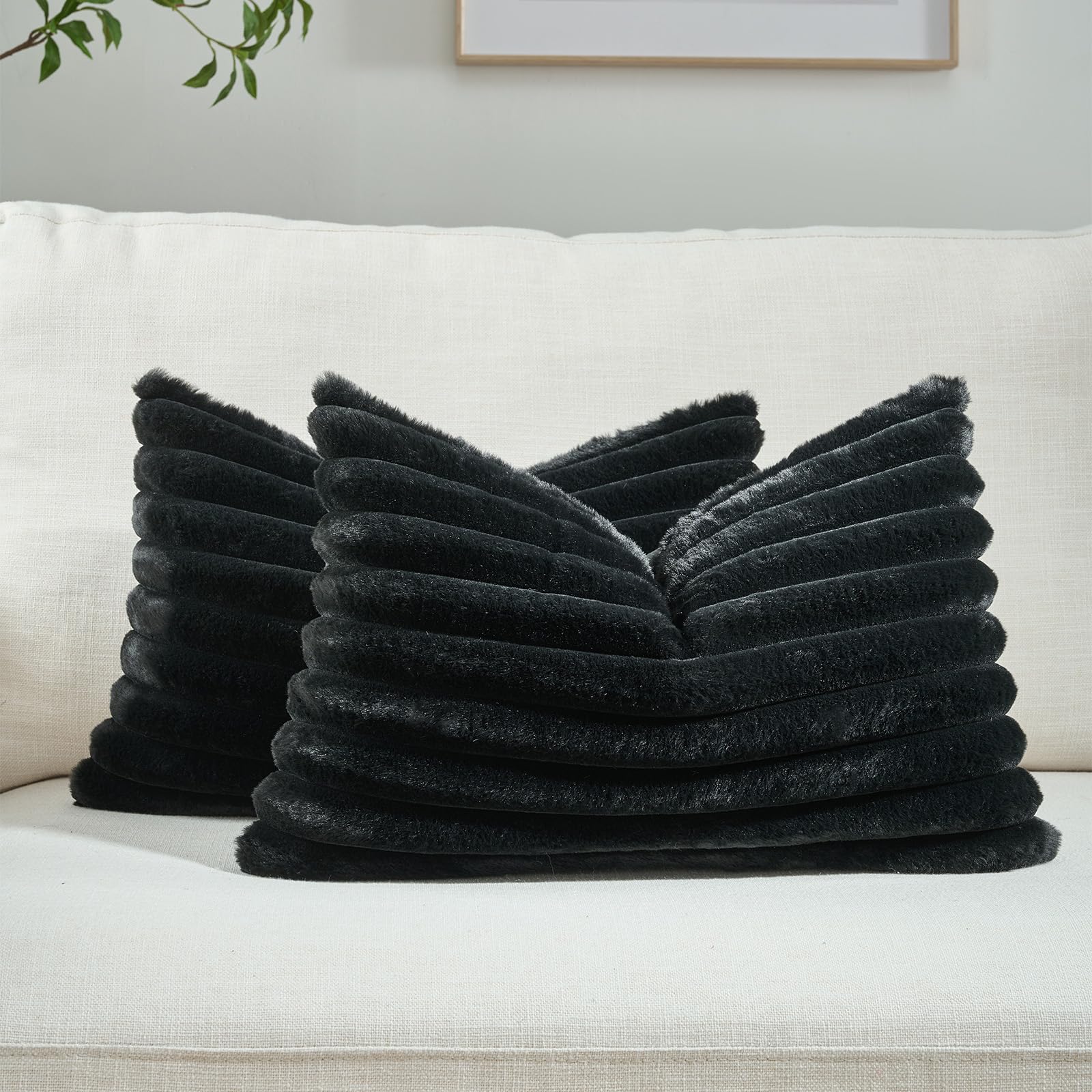 FUTEI Pack of 2 Solid Faux Fur Plush Throw Pillow Covers 18x18 Inch Soft Fluffy Striped Decorative Cushion Cases Modern Farmhouse Accent for Couch Bed Living Room, Cream White