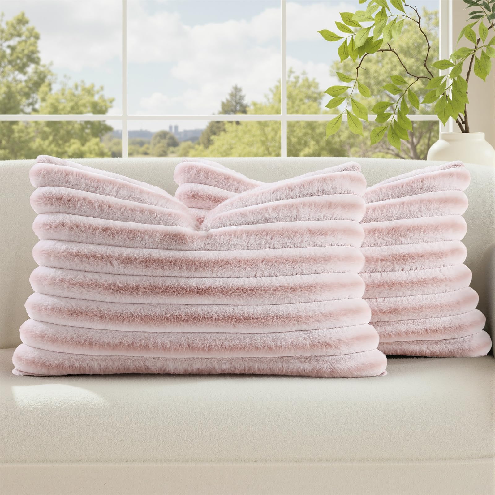 decorUhome Cozy Faux Fur Throw Pillow Covers 18x18 Set of 2 Decorative Soft Plush Striped Modern Farmhouse Boho Couch Pillow Cases with Velvet Back for Sofa Bed Living Room, Khaki Brown