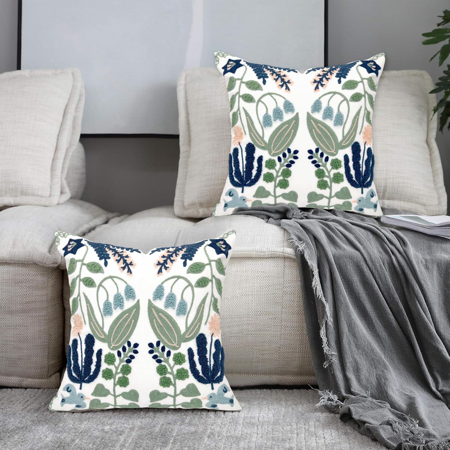 Alysheer Spring Floral Embroidered Decorative Throw Pillow Covers 18"x 18" Set of 2, Farmhouse Navy Blue Flowers Green Leaves Tufted Patterned Cotton Cushion Cases for Couch Bed Living Room Decor