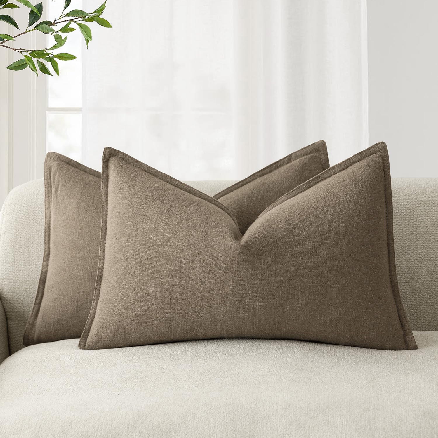 Foindtower Set of 2, Decorative Linen Soild Throw Pillow Covers Soft Accent Cushion Euro Case Boho Farmhouse Pillowcase for Chair Couch Sofa Bedroom Living Room Home Decor 20 x 20 Inch Natural Linen