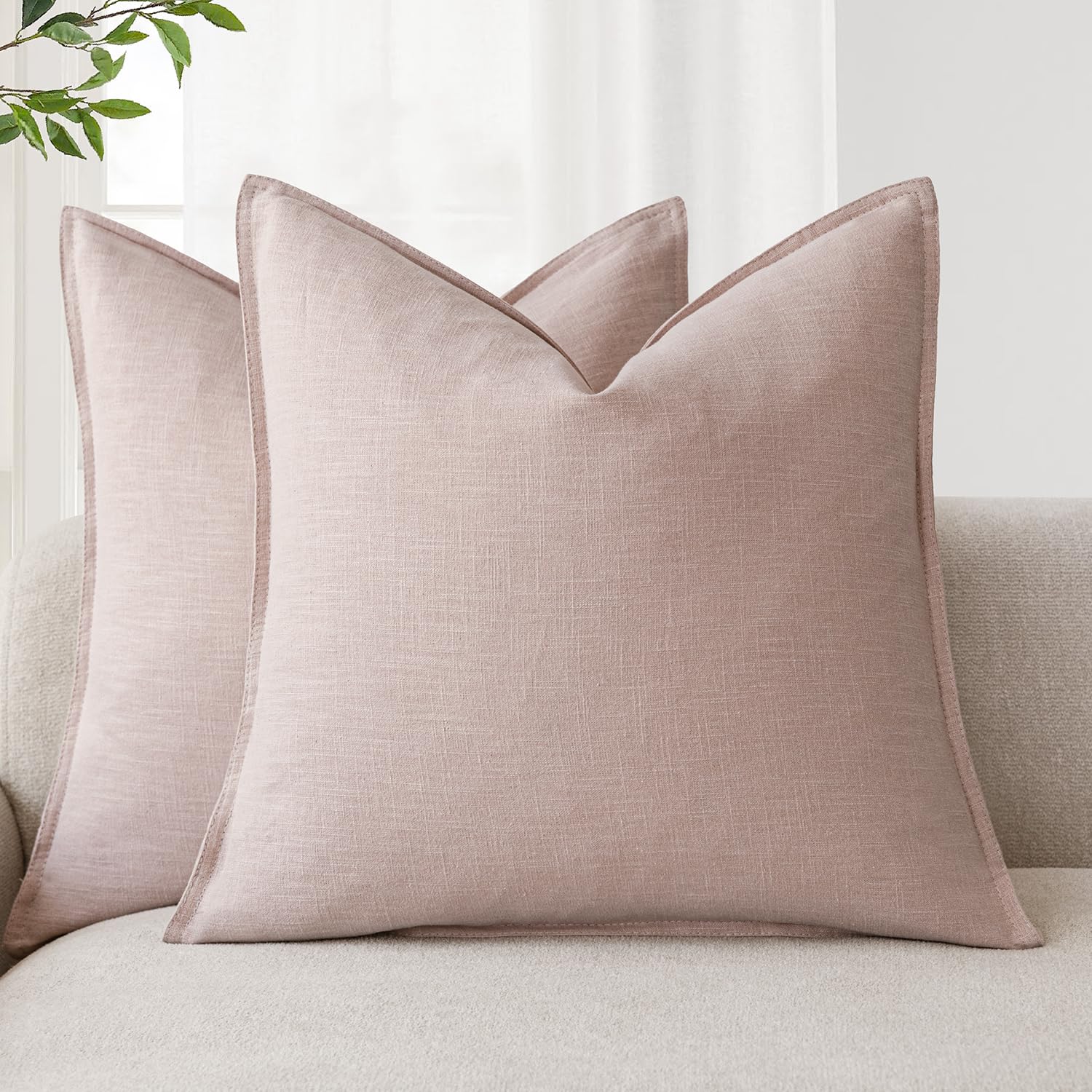 Foindtower Set of 2, Decorative Linen Soild Throw Pillow Covers Soft Accent Cushion Euro Case Boho Farmhouse Pillowcase for Chair Couch Sofa Bedroom Living Room Home Decor 20 x 20 Inch Natural Linen