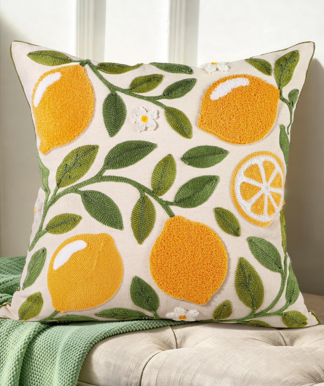 Embroidered Throw Pillow Cover - 18x18 Decorative Pillow Cover with Zipper Aesthetic Cute Design Boho Spring Summer Throw Pillowcase for Living Room Couch Sofa Bed, Flower Cats