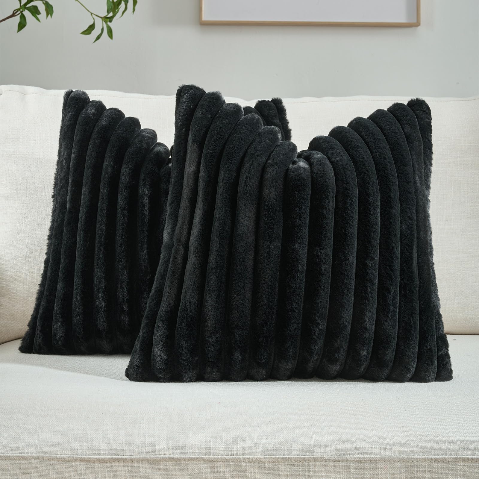 FUTEI Pack of 2 Solid Faux Fur Plush Throw Pillow Covers 18x18 Inch Soft Fluffy Striped Decorative Cushion Cases Modern Farmhouse Accent for Couch Bed Living Room, Cream White