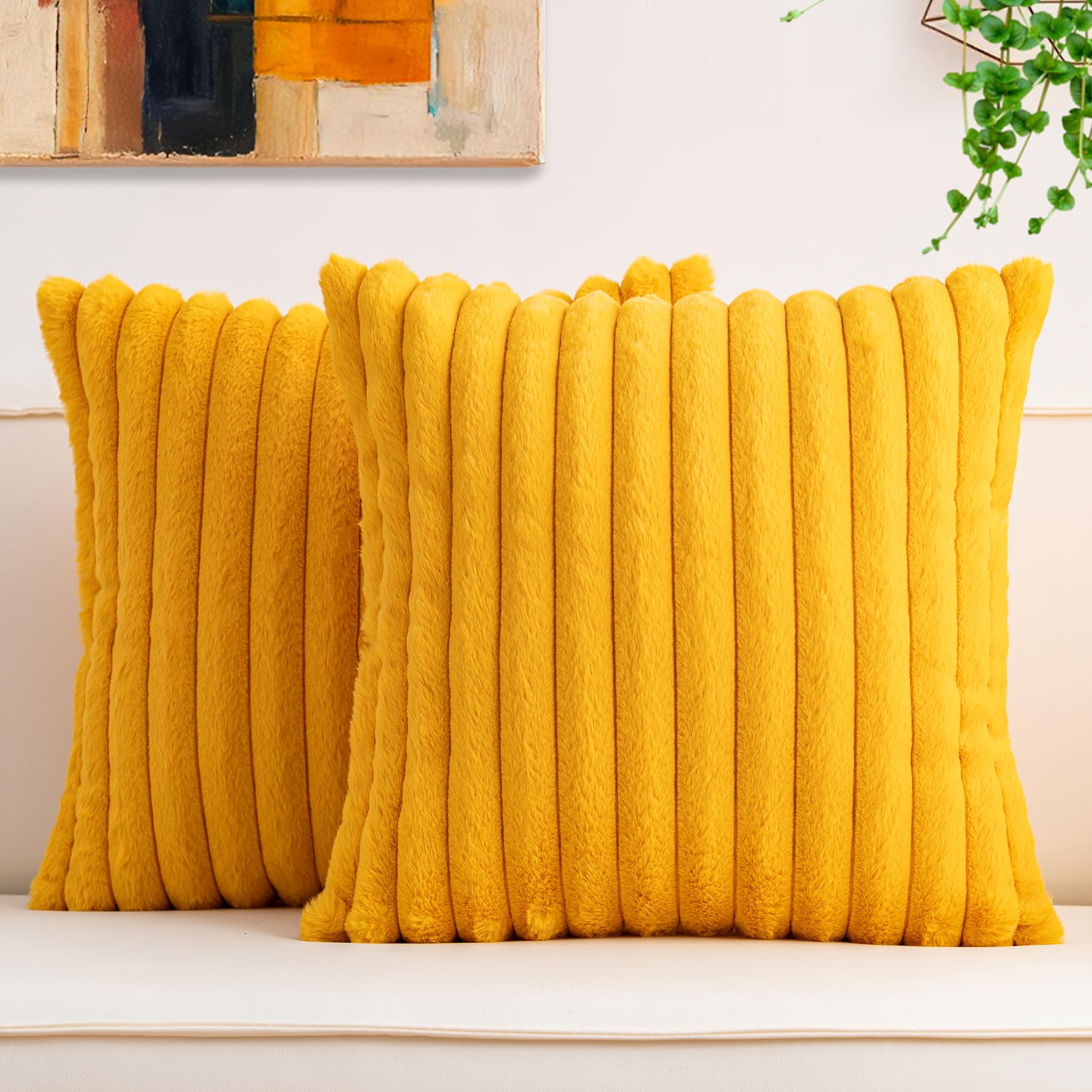 Aegero Pack of 2 Faux Fur Christmas Throw Pillow Covers 18x18 Inch, Soft Plush Striped Neutral Couch Pillow Cover, with Velvet Back Modern Home Decor for Sofa Living Room Couch Bed Cream White