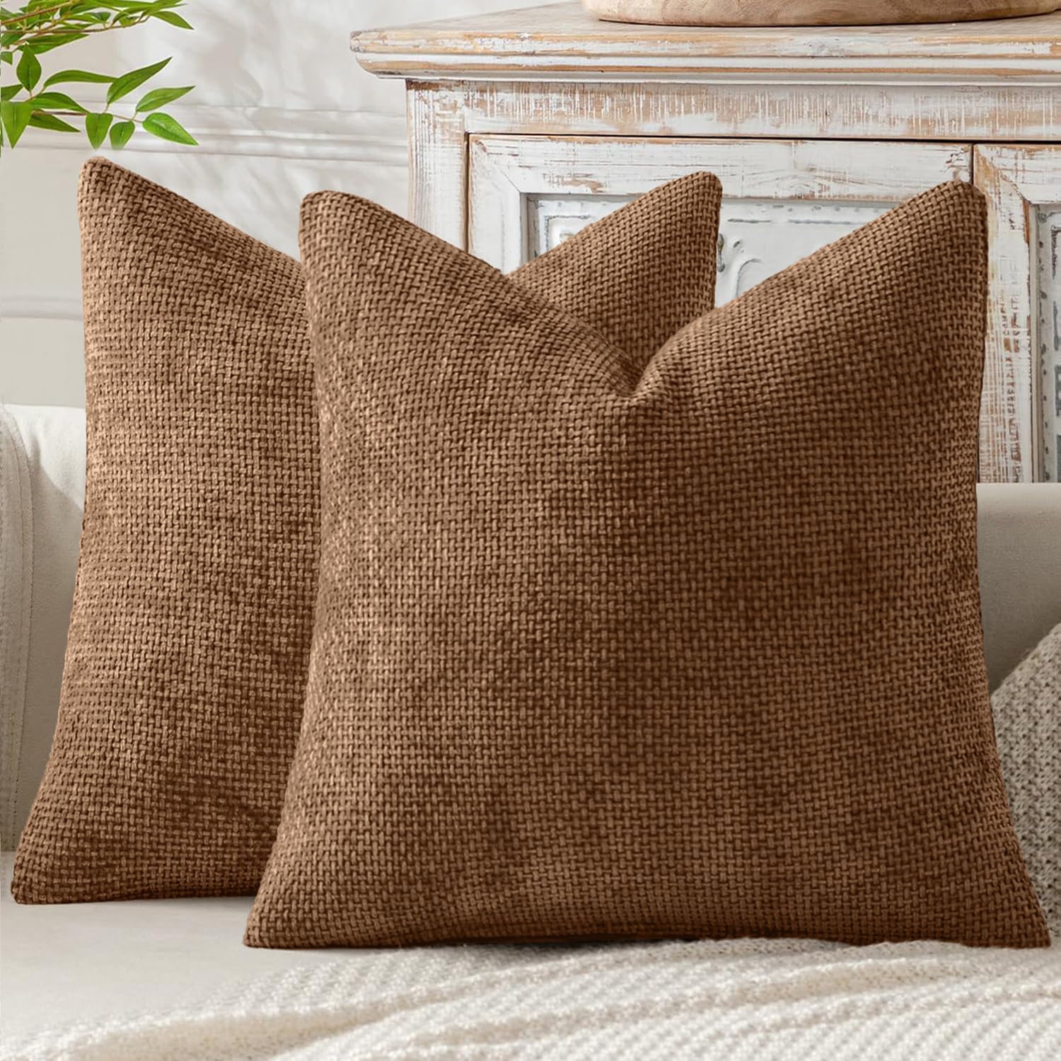 MIULEE Pack of 2 Couch Throw Pillow Covers 18x18 Inch Neutral Beige Modern Boho Accent Decorative Pillow Covers Soft Chenille Farmhouse Cushion Covers for Home Decor Bed Sofa Living Room