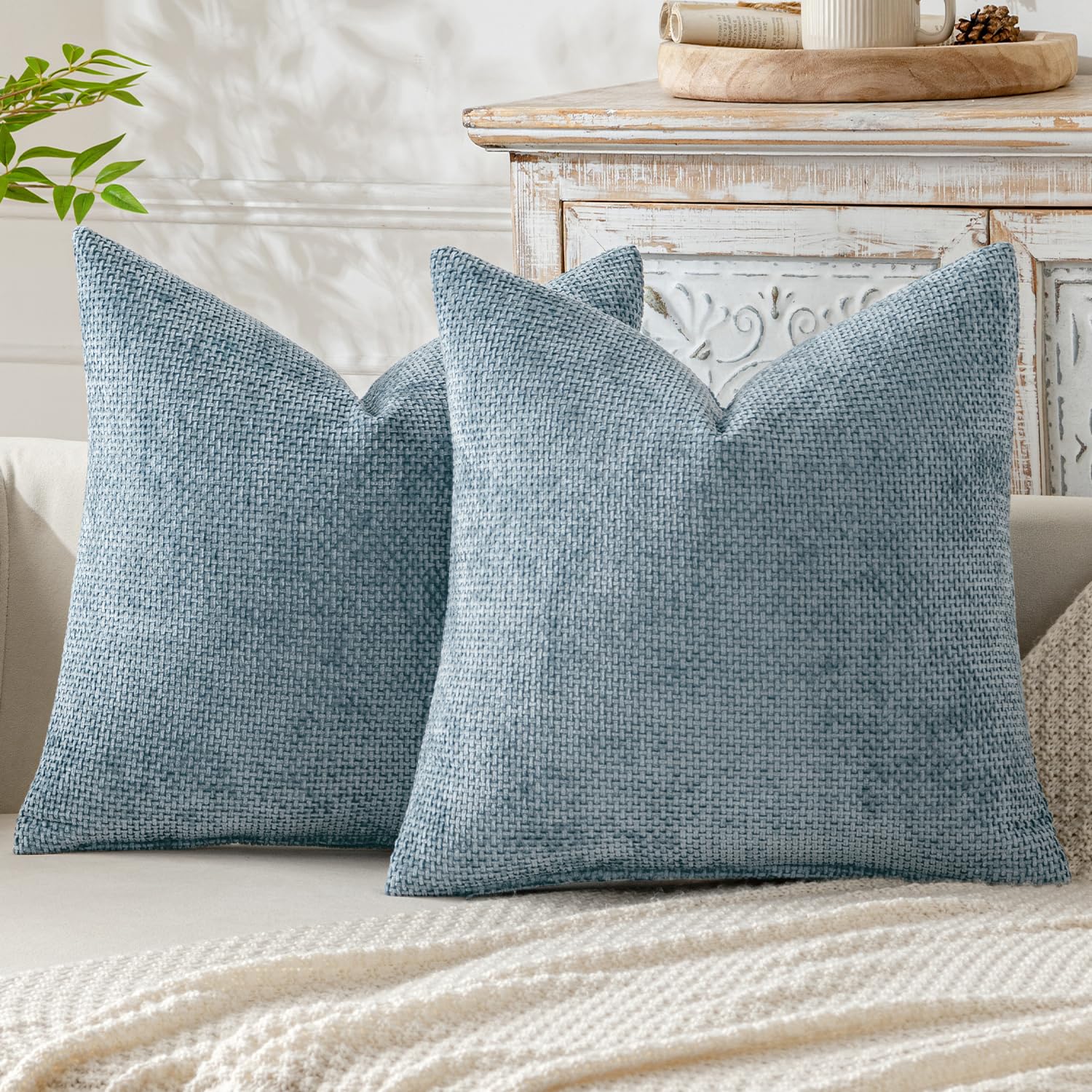 MIULEE Pack of 2 Couch Throw Pillow Covers 18x18 Inch Neutral Beige Modern Boho Accent Decorative Pillow Covers Soft Chenille Farmhouse Cushion Covers for Home Decor Bed Sofa Living Room