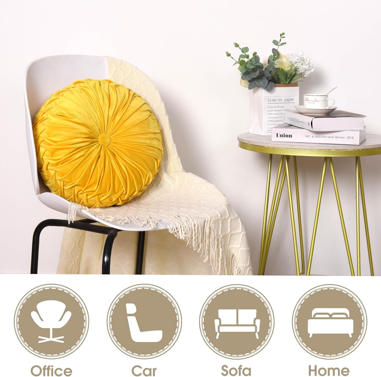 HIG Set of 2 Yellow Ruched Velvet Round Throw Pillows – 14.5’’ Decorative Pillows with Soft Polyester Filling for Couch, Bed, Living Room, Bedroom, or Dorm – Handmade, Stress Relieving, All-Season