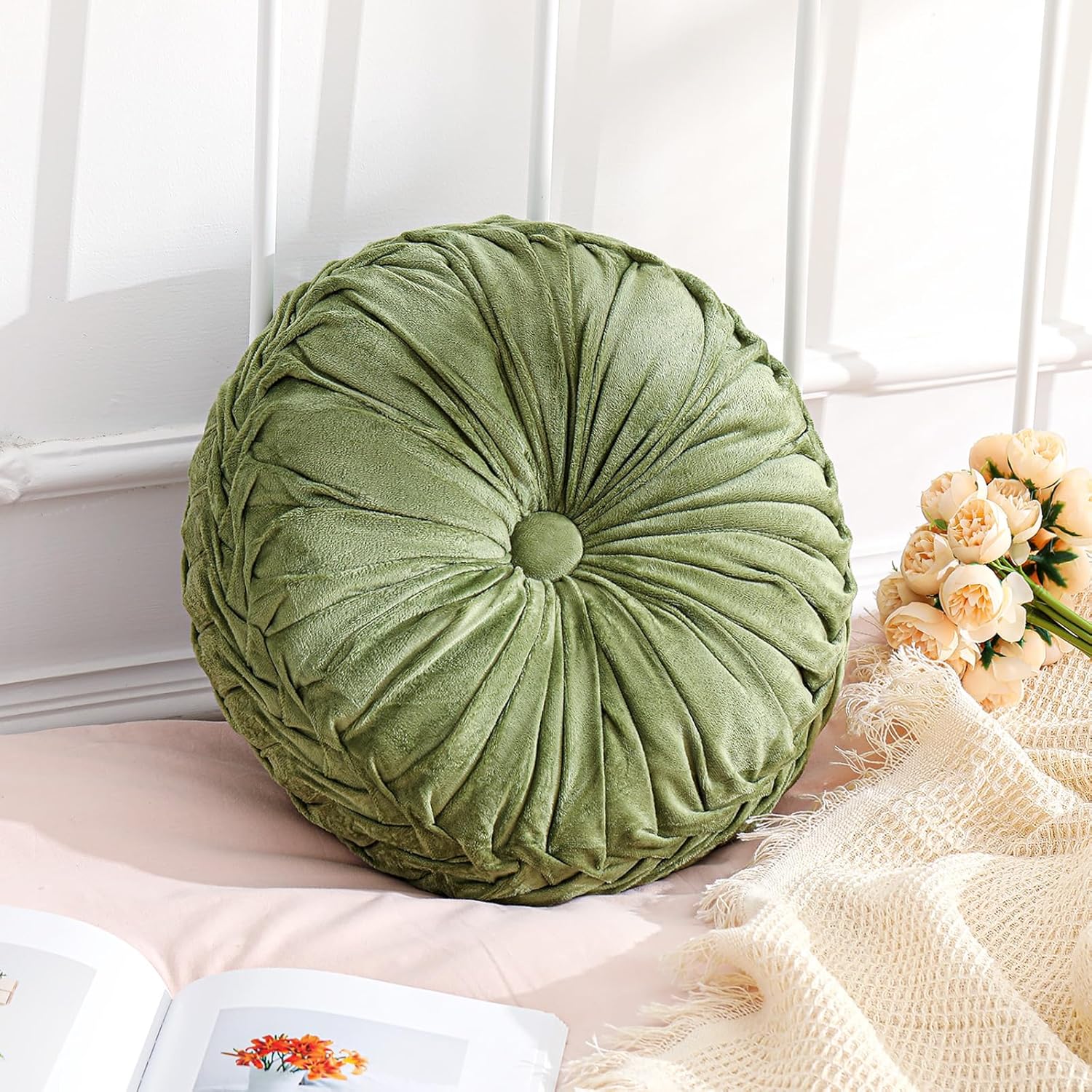 Drydiet 1 Pcs Round Throw Velvet Pillows Decorative Pleated Throw Pillows 15'' Diameter Accent Pumpkin Boho Chair Cushion for Couch Sofa Home Decoration (Olive Green)