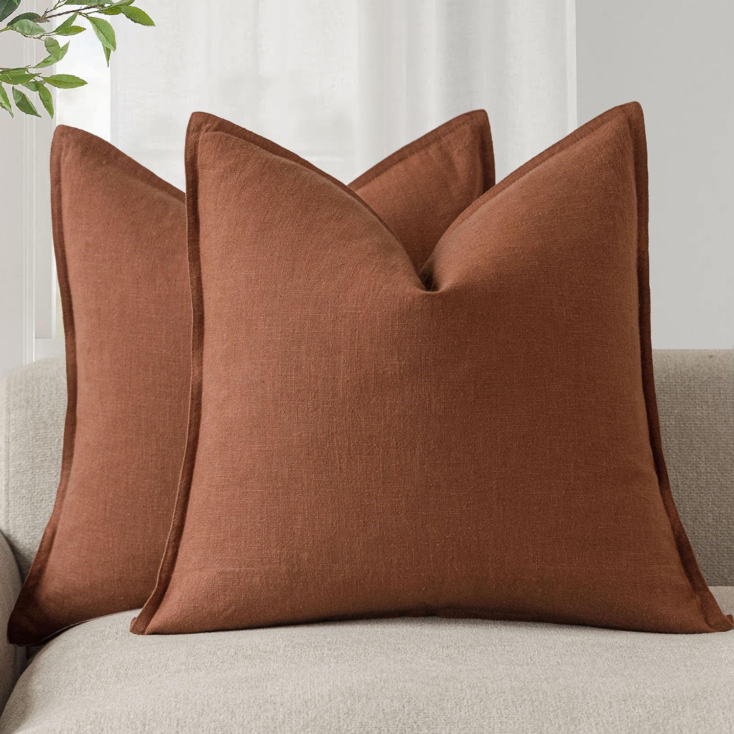 Foindtower Set of 2, Decorative Linen Soild Throw Pillow Covers Soft Accent Cushion Euro Case Boho Farmhouse Pillowcase for Chair Couch Sofa Bedroom Living Room Home Decor 20 x 20 Inch Natural Linen