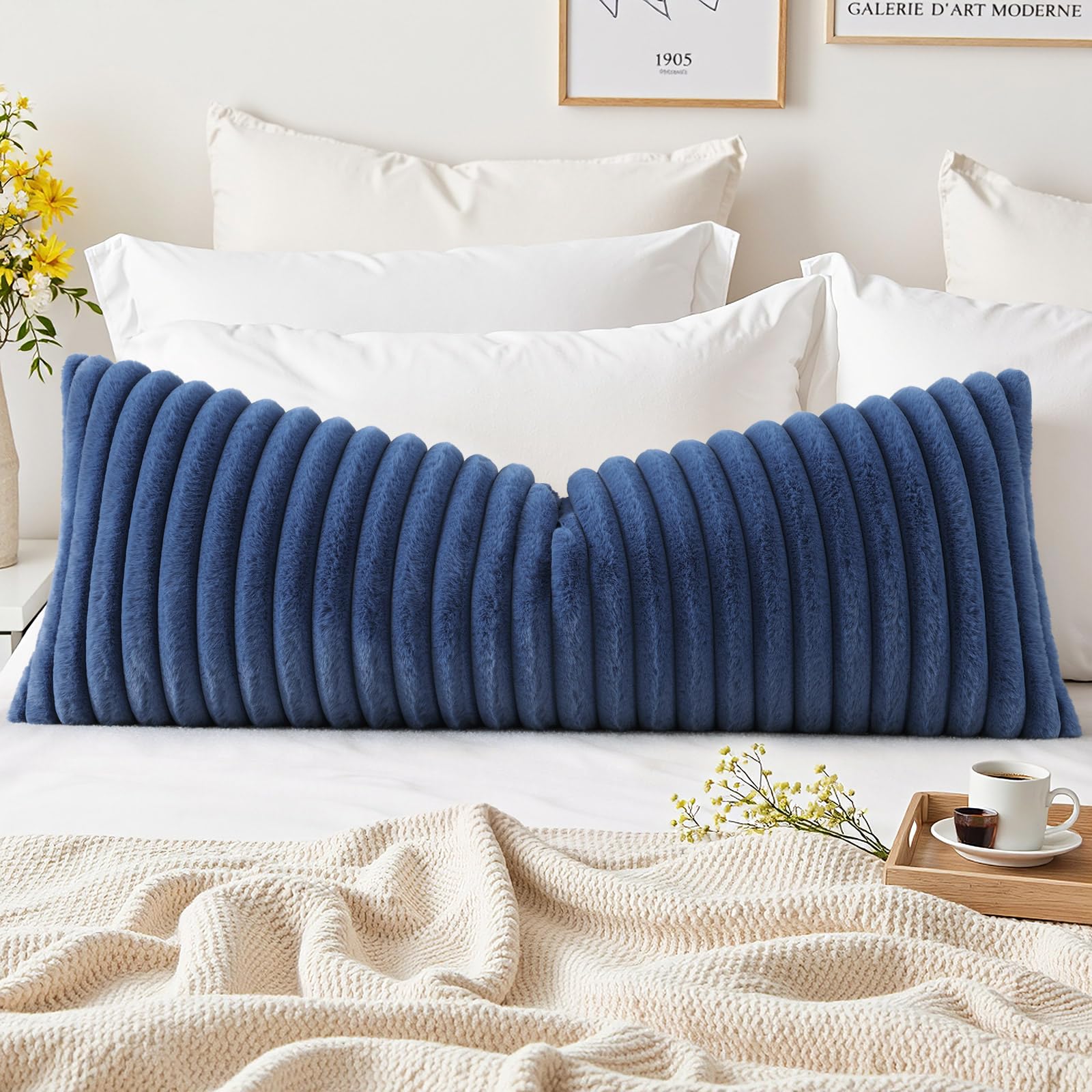 decorUhome Summer Cozy Faux Fur Throw Pillow Covers 18x18 Set of 2 Decorative Soft Plush Striped Modern Farmhouse Boho Couch Pillow Cases with Velvet Back for Sofa Bed Living Room, Cream White