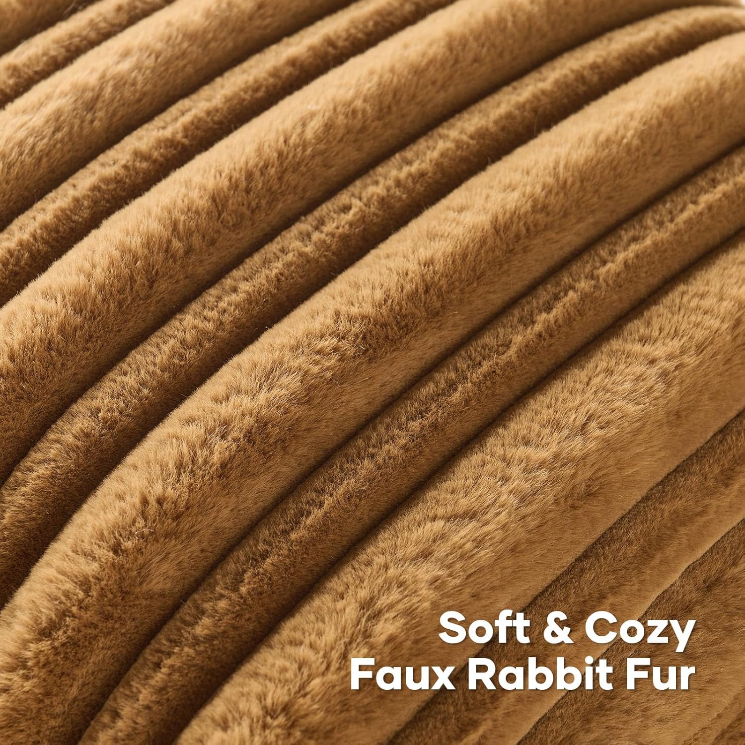FUTEI Camel Decorative Throw Pillow Covers 18x18 Inch Set of 2,Soft Fluffy Faux Rabbit Fur Thick & Thin Striped Textured Cushion Case,Modern Home Decor for Couch Bed Living Room