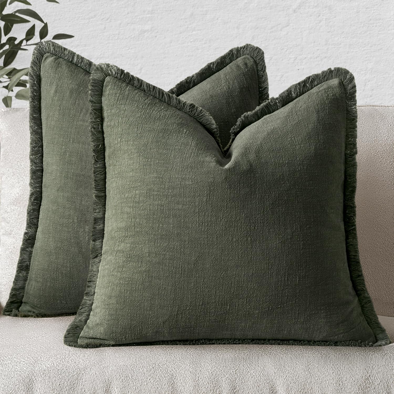 MIULEE Decorative Throw Pillow Covers Neutral Linen Fringe Throw Pillows Set of 2 Natural Beige Boho Farmhouse Cushion Covers with Tassels for Couch Sofa Bed Spring Home Decor 20x20 Inch