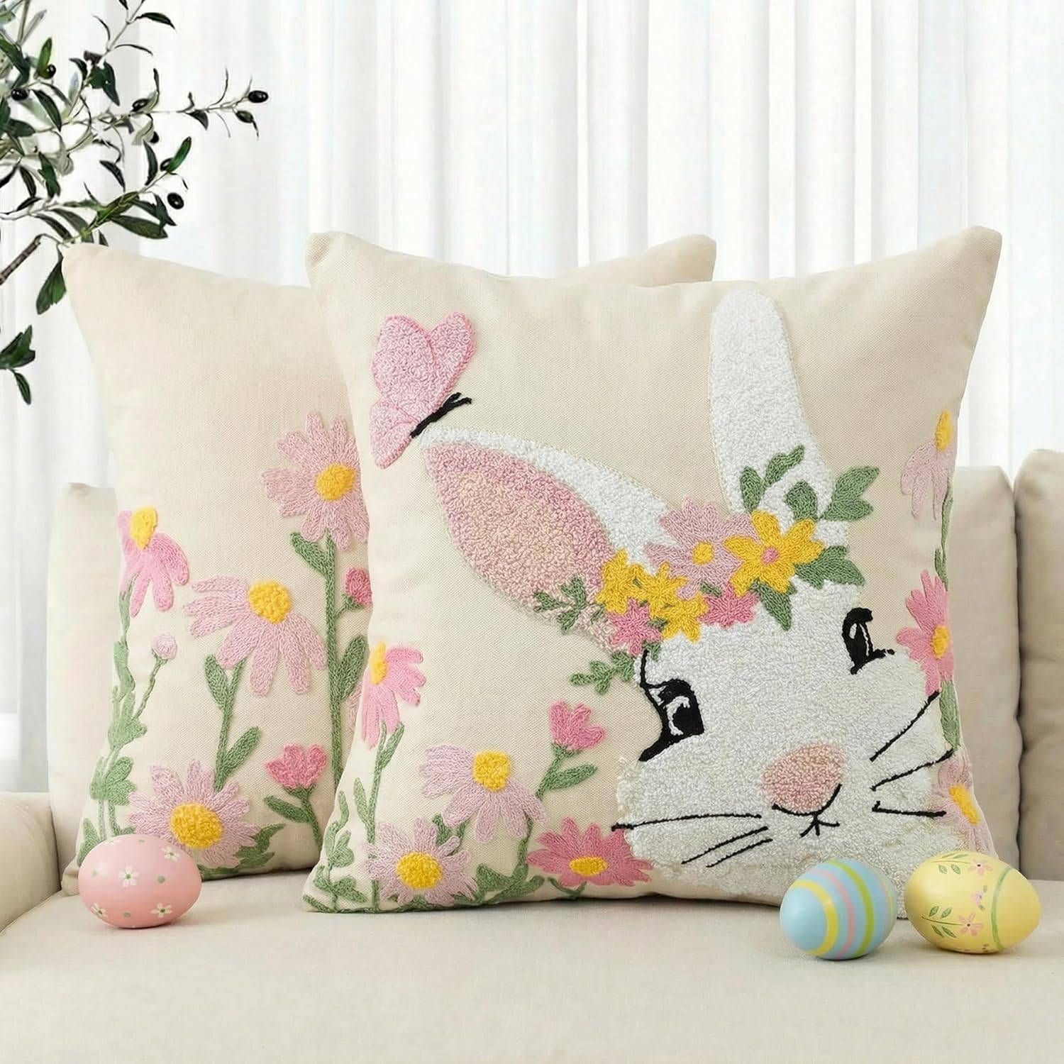 AVOIN colorlife Easter Spring Rabbit Floral Embroidered Throw Pillow Covers, 18 x 18 Inch Butterfly Flowers Tufted Patterned Linen Decoration Cushion Case for Sofa Couch Set of 2