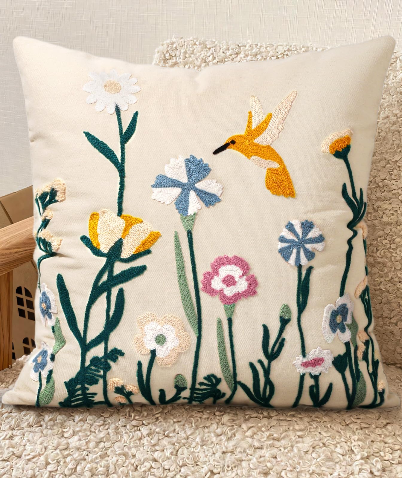 Embroidered Throw Pillow Cover 18x18 Inch - Spring Summer Boho Decorative Pillow Cover with Zipper for Living Room Couch Sofa Bed Aesthetic Design Flower Cluster Cushion Pillowcase