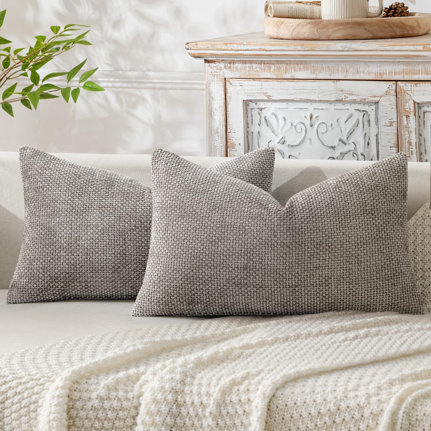 MIULEE Pack of 2 Couch Throw Pillow Covers 18x18 Inch Neutral Beige Modern Boho Accent Decorative Pillow Covers Soft Chenille Farmhouse Cushion Covers for Home Decor Bed Sofa Living Room