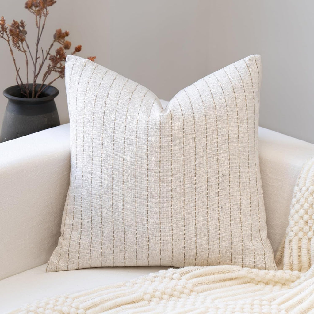 Decorative Neutral Striped Throw Pillow Covers Set of 2-18x18 Inch Boho Farmhouse Pillow Covers, Breathable & Soft Neutral Linen Blend Cushion Covers for Couch Sofa Bedroom Living Room
