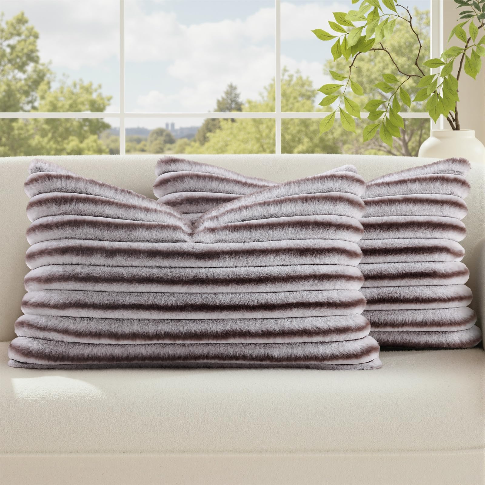 decorUhome Cozy Faux Fur Throw Pillow Covers 18x18 Set of 2 Decorative Soft Plush Striped Modern Farmhouse Boho Couch Pillow Cases with Velvet Back for Sofa Bed Living Room, Khaki Brown