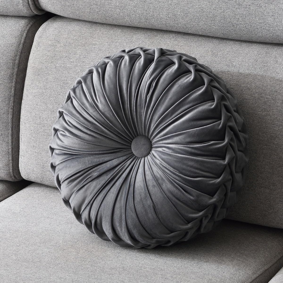 Round Throw Pillow Velvet 1 Pcs 14.17" Home Decoration Pleated 3D Pumpkin Pillow Cushion for Couch Chair Bed Car (Caramel Color)