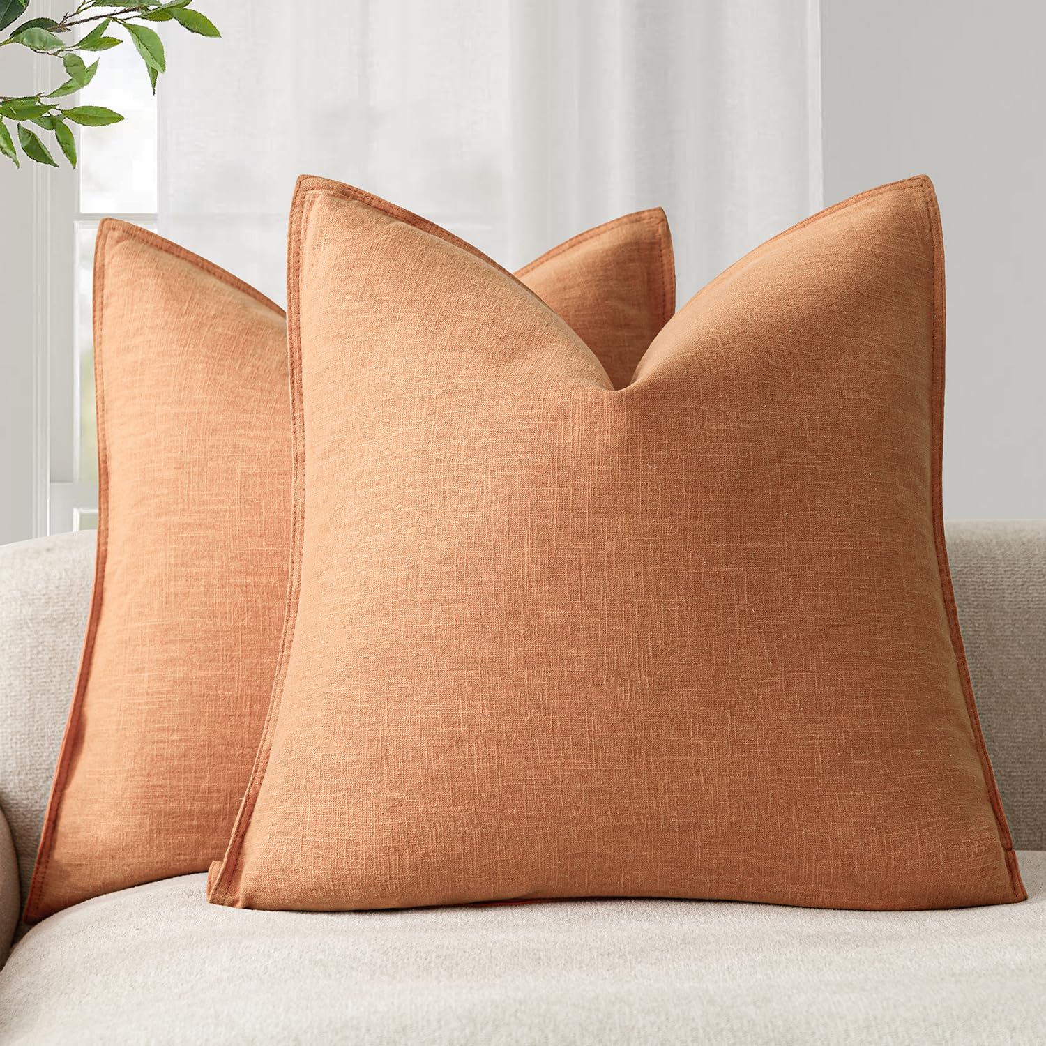 Foindtower Set of 2, Decorative Linen Soild Throw Pillow Covers Soft Accent Cushion Euro Case Boho Farmhouse Pillowcase for Chair Couch Sofa Bedroom Living Room Home Decor 20 x 20 Inch Natural Linen