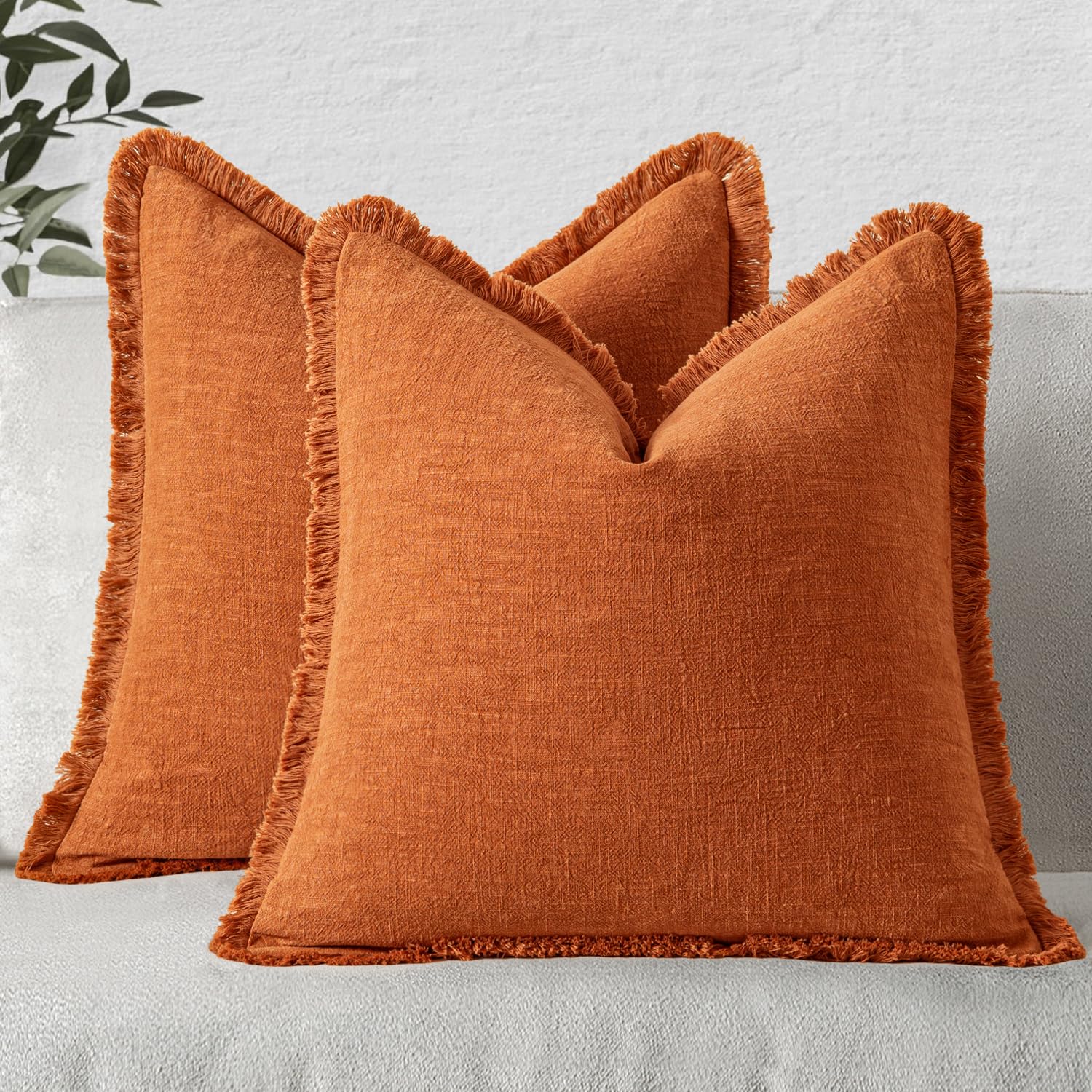MIULEE Decorative Throw Pillow Covers Neutral Linen Fringe Throw Pillows Set of 2 Natural Beige Boho Farmhouse Cushion Covers with Tassels for Couch Sofa Bed Spring Home Decor 20x20 Inch