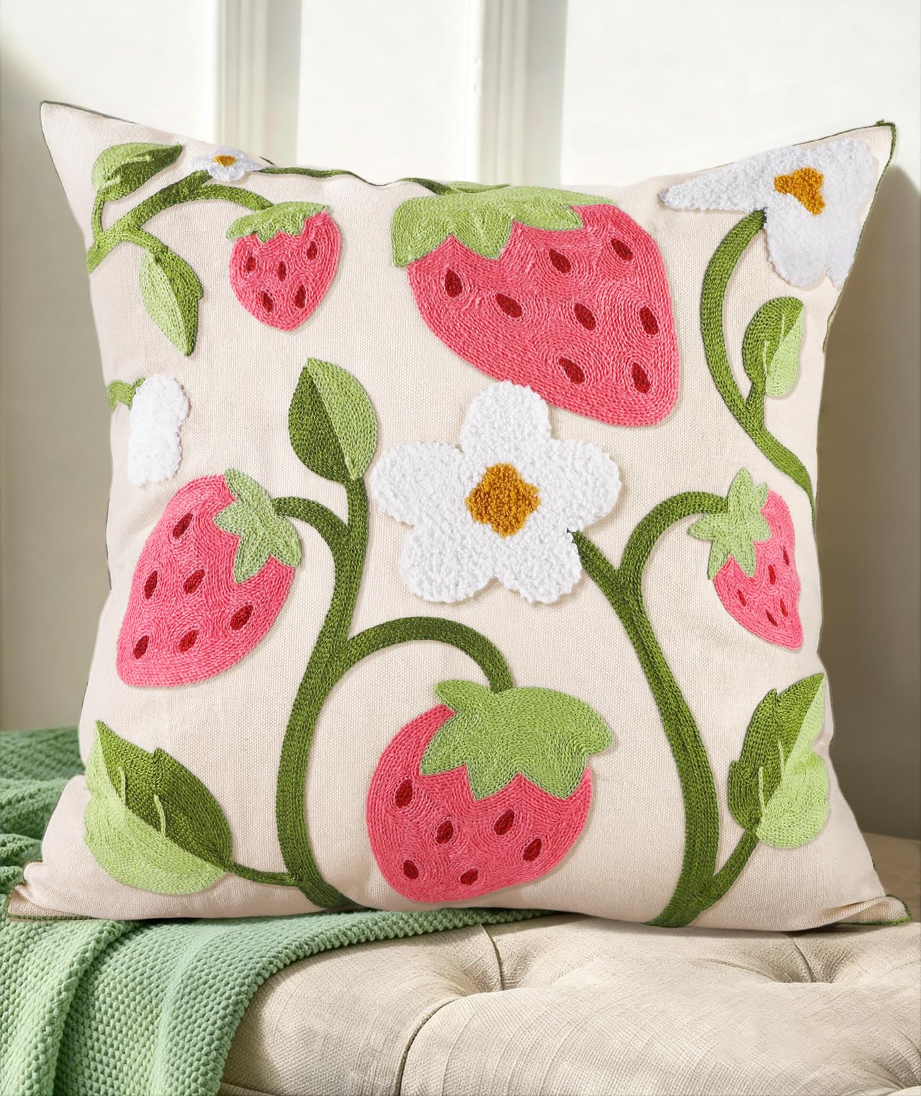 Embroidered Throw Pillow Cover 18x18 Inch - Spring Summer Boho Decorative Pillow Cover with Zipper for Living Room Couch Sofa Bed Aesthetic Design Flower Cluster Cushion Pillowcase