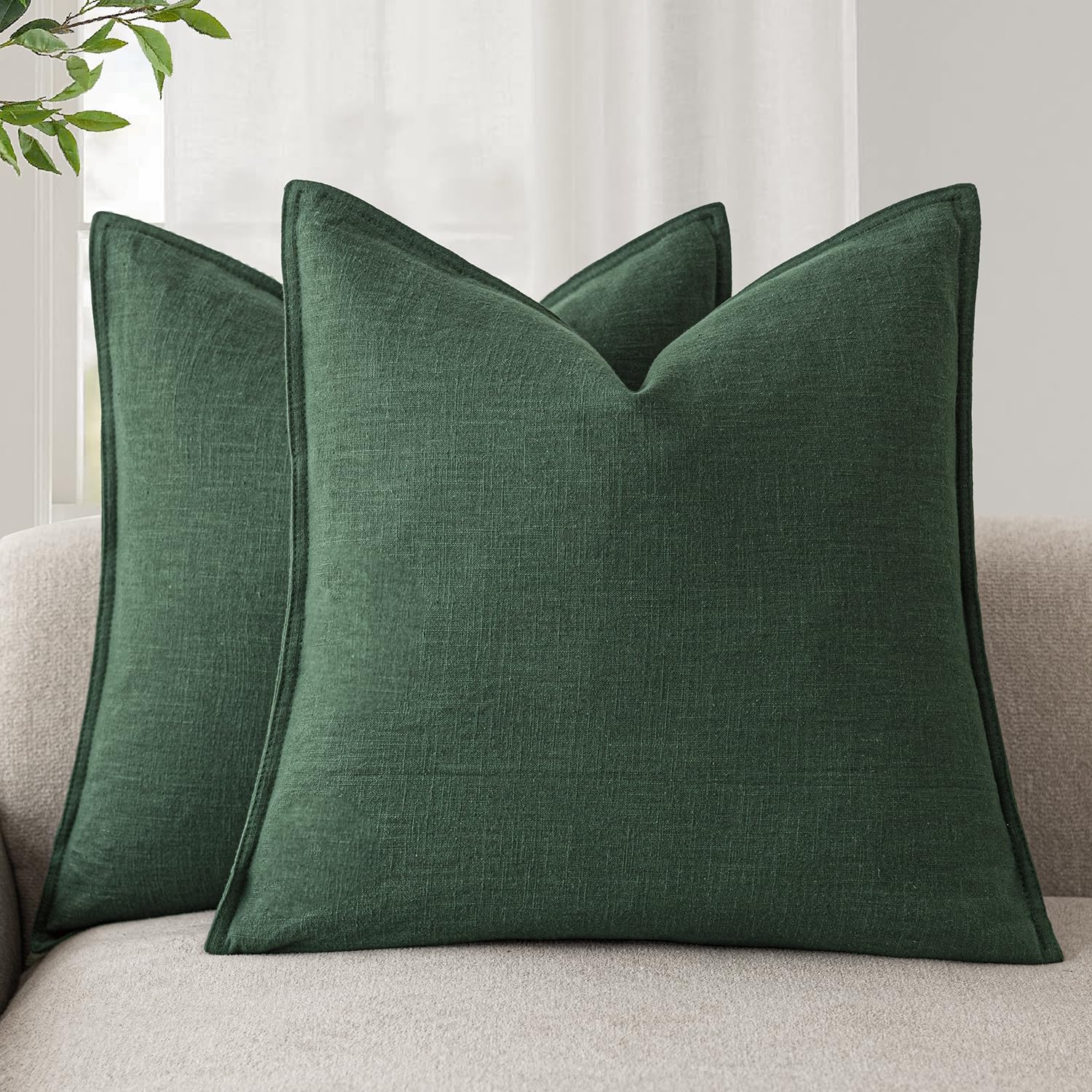 Foindtower Set of 2, Decorative Linen Soild Throw Pillow Covers Soft Accent Cushion Euro Case Boho Farmhouse Pillowcase for Chair Couch Sofa Bedroom Living Room Home Decor 20 x 20 Inch Natural Linen