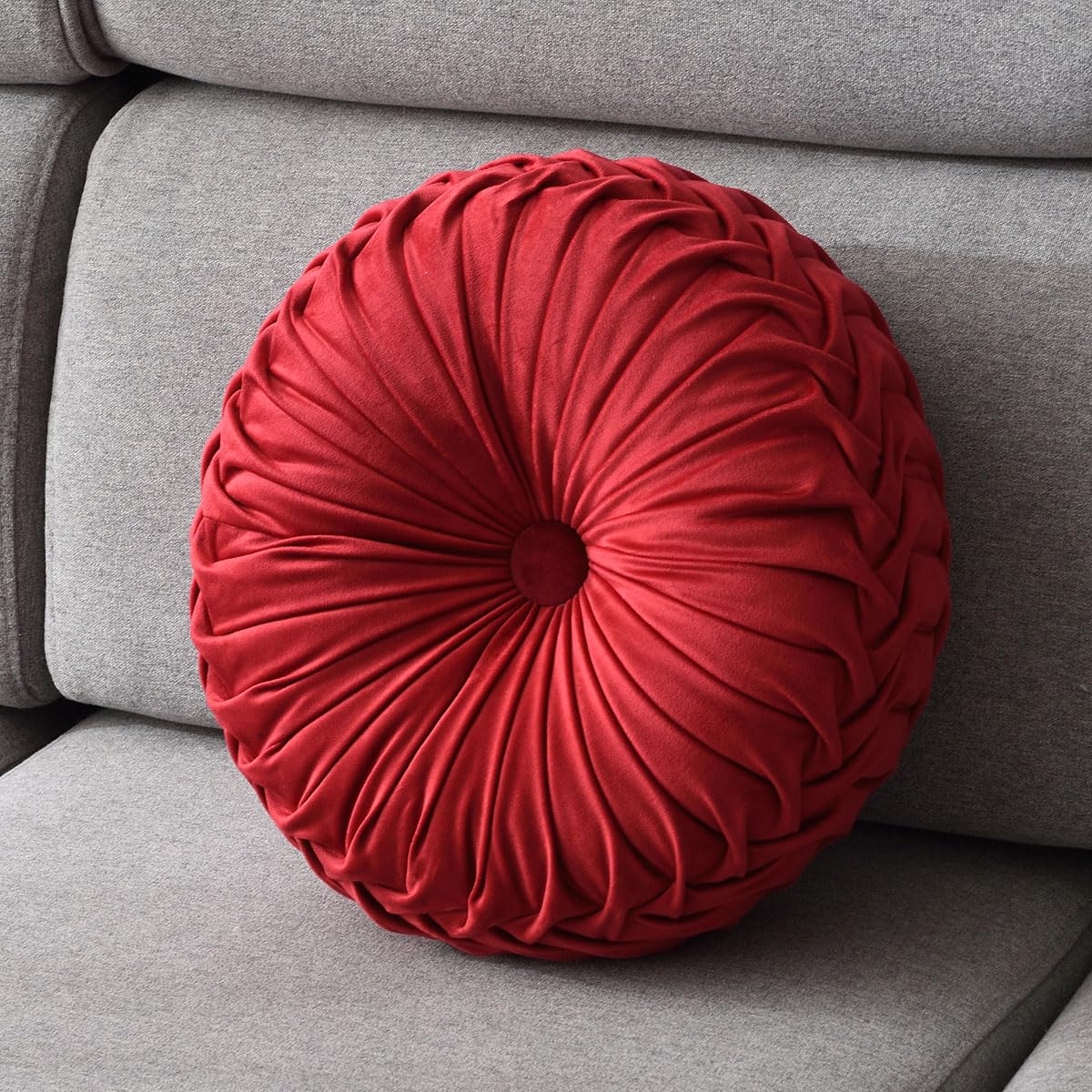 Round Throw Pillow Velvet 1 Pcs 14.17" Home Decoration Pleated 3D Pumpkin Pillow Cushion for Couch Chair Bed Car (Caramel Color)